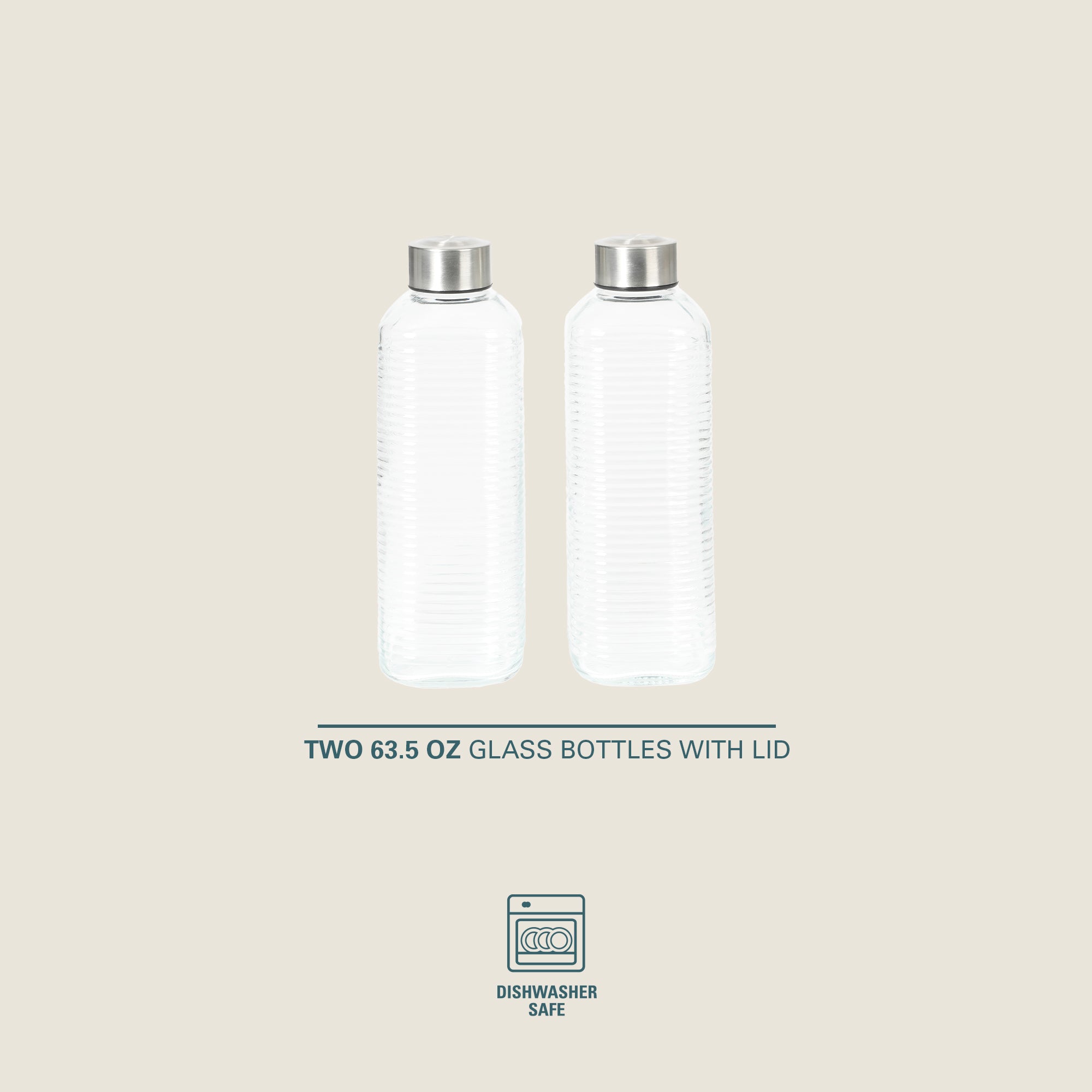 Gibson Home Whistler Peak 2 Piece Large Embossed Reusable Glassed Bottles W/ Airtight Leakproof Stainless Steel Lid, Pitcher for Water, Milk, Juice - Dishwasher Safe