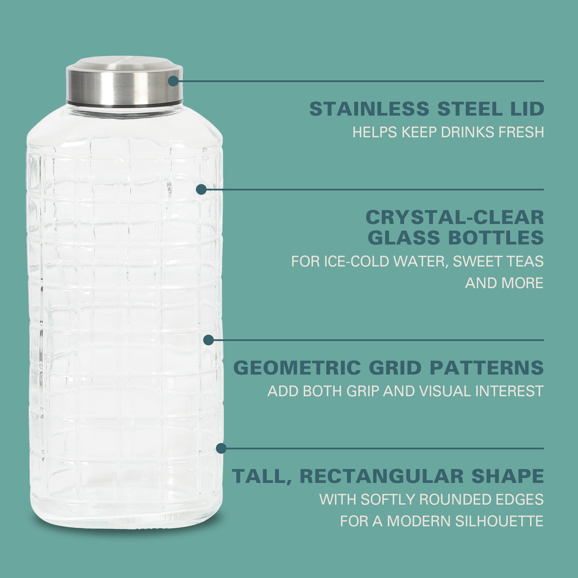 Gibson Home Whistler Peak 2 Piece Large Embossed Reusable Glassed Bottles W/ Airtight Leakproof Stainless Steel Lid, Pitcher for Water, Milk, Juice - Dishwasher Safe