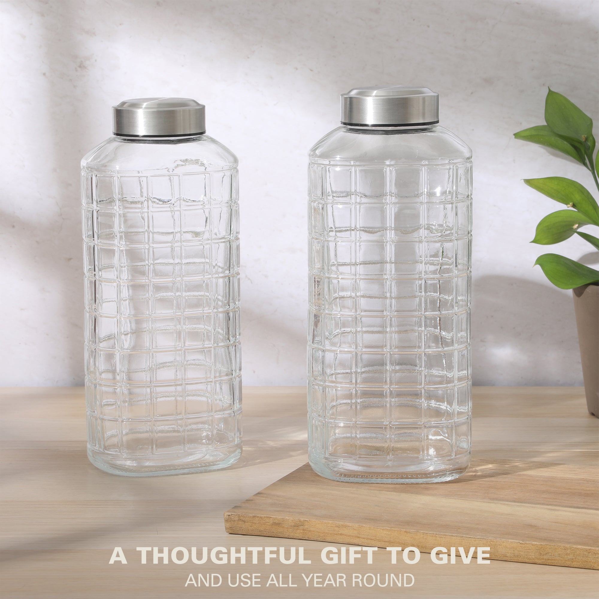 Gibson Home Whistler Peak 2 Piece Large Embossed Reusable Glassed Bottles W/ Airtight Leakproof Stainless Steel Lid, Pitcher for Water, Milk, Juice - Dishwasher Safe