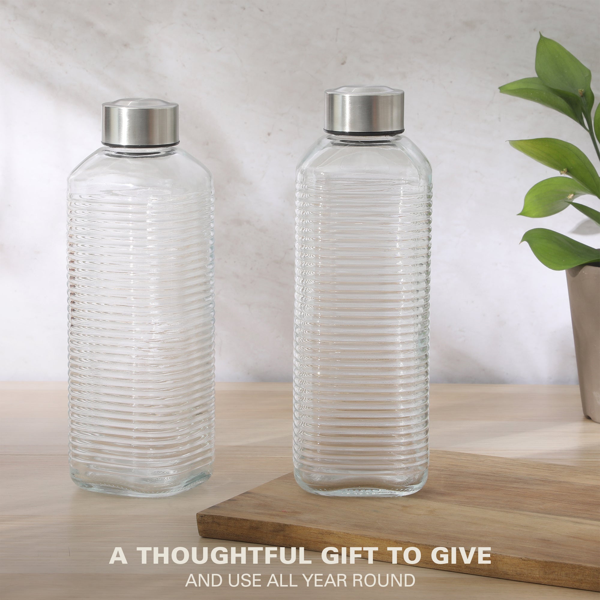 Gibson Home Aspen Heights 2 Piece Large Embossed Reusable Glassed Bottles W/ Airtight Leakproof Stainless Steel Lid, Pitcher for Water, Milk, Juice - Dishwasher Safe