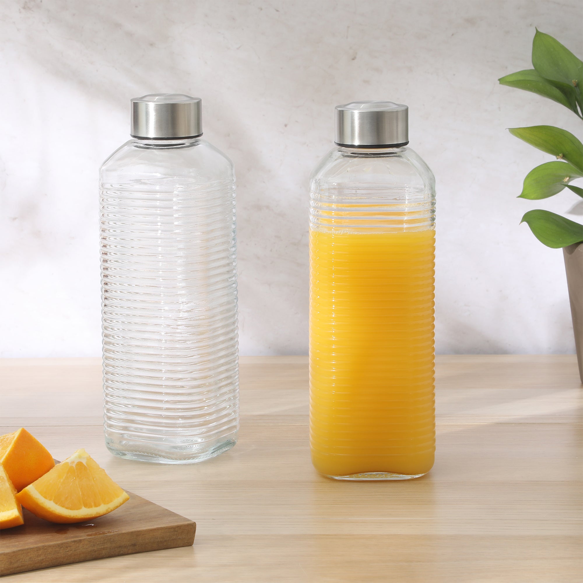 Gibson Home Aspen Heights 2 Piece Large Embossed Reusable Glassed Bottles W/ Airtight Leakproof Stainless Steel Lid, Pitcher for Water, Milk, Juice - Dishwasher Safe