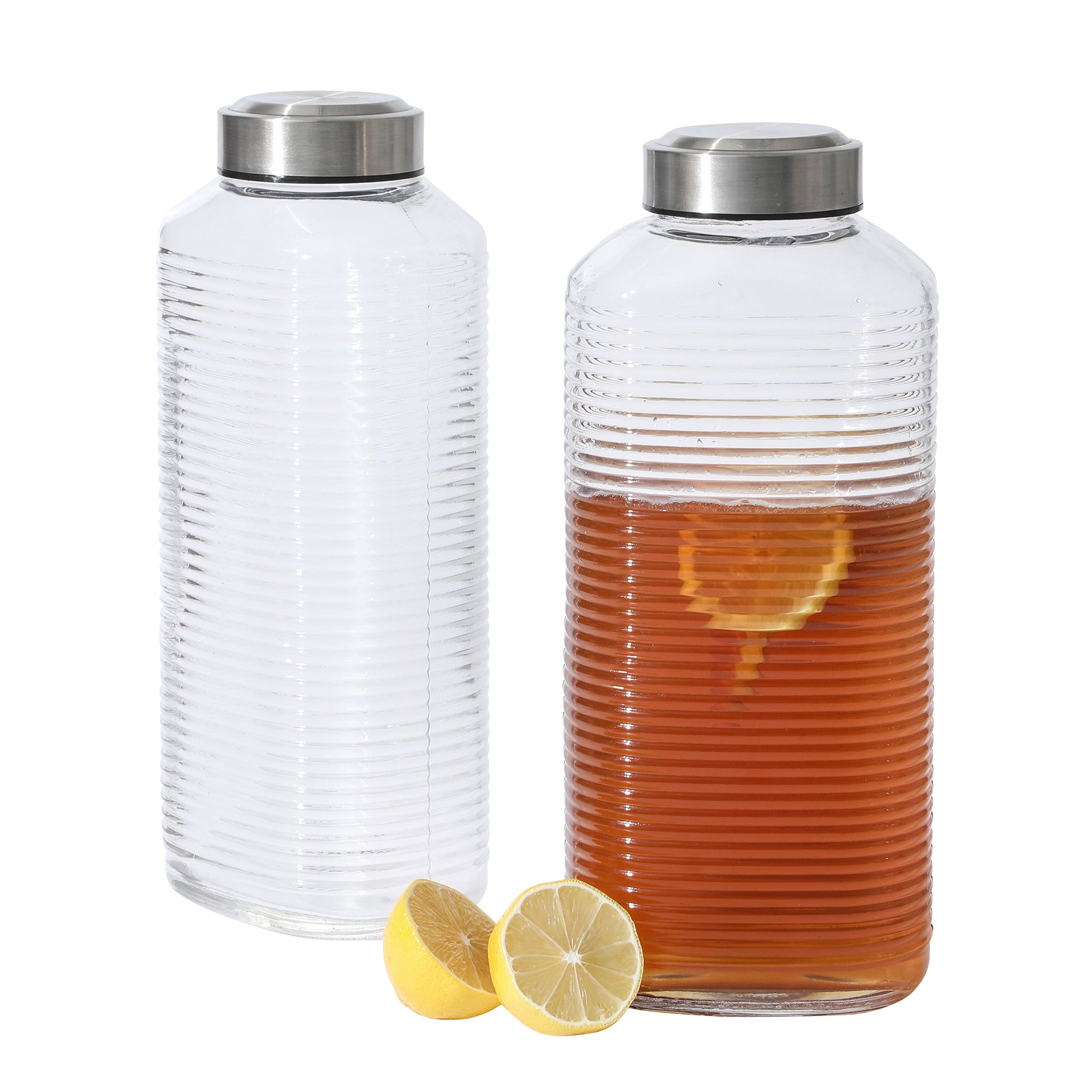 Gibson Home Aspen Heights 2 Piece Large Embossed Reusable Glassed Bottles W/ Airtight Leakproof Stainless Steel Lid, Pitcher for Water, Milk, Juice - Dishwasher Safe