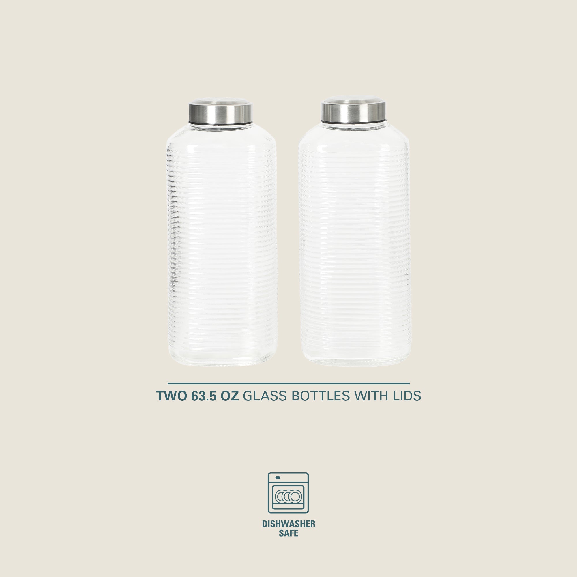 Gibson Home Aspen Heights 2 Piece Large Embossed Reusable Glassed Bottles W/ Airtight Leakproof Stainless Steel Lid, Pitcher for Water, Milk, Juice - Dishwasher Safe