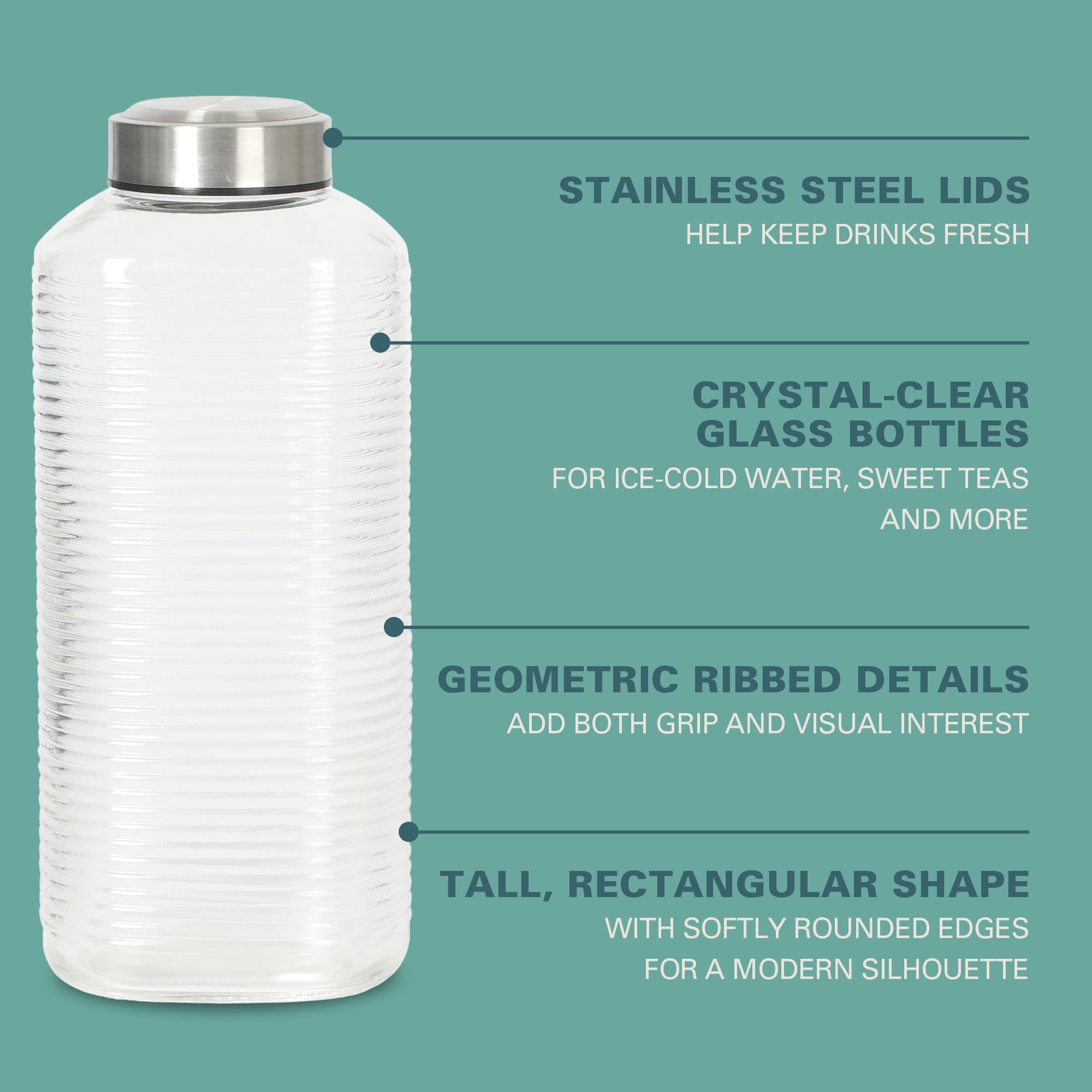 Gibson Home Aspen Heights 2 Piece Large Embossed Reusable Glassed Bottles W/ Airtight Leakproof Stainless Steel Lid, Pitcher for Water, Milk, Juice - Dishwasher Safe