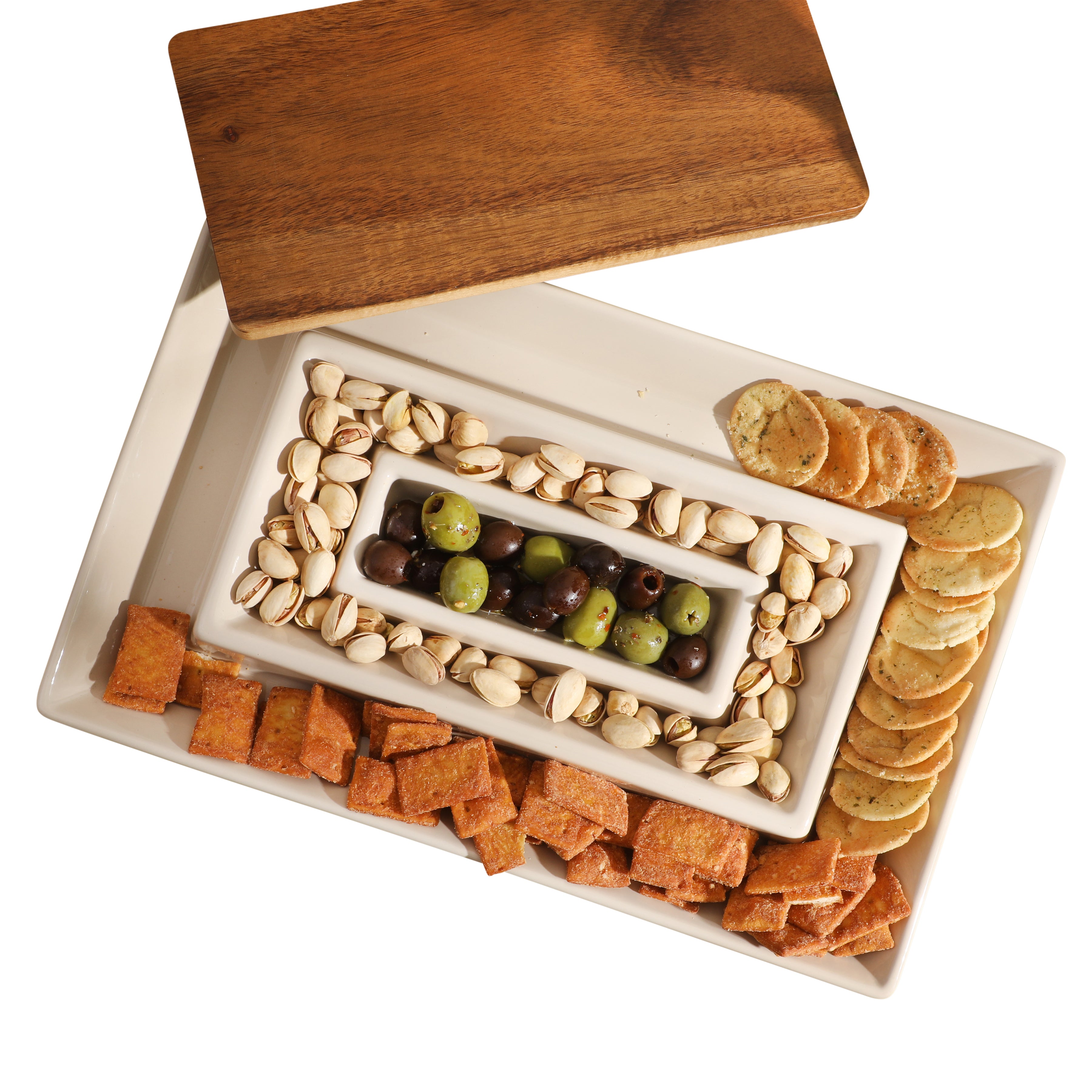 Gibson Elite 3-Section Stoneware Serving Tray with Acacia Lid – Taupe Rectangular Chip & Dip, Condiment, Snack and Appetizer Server for Parties & Entertaining