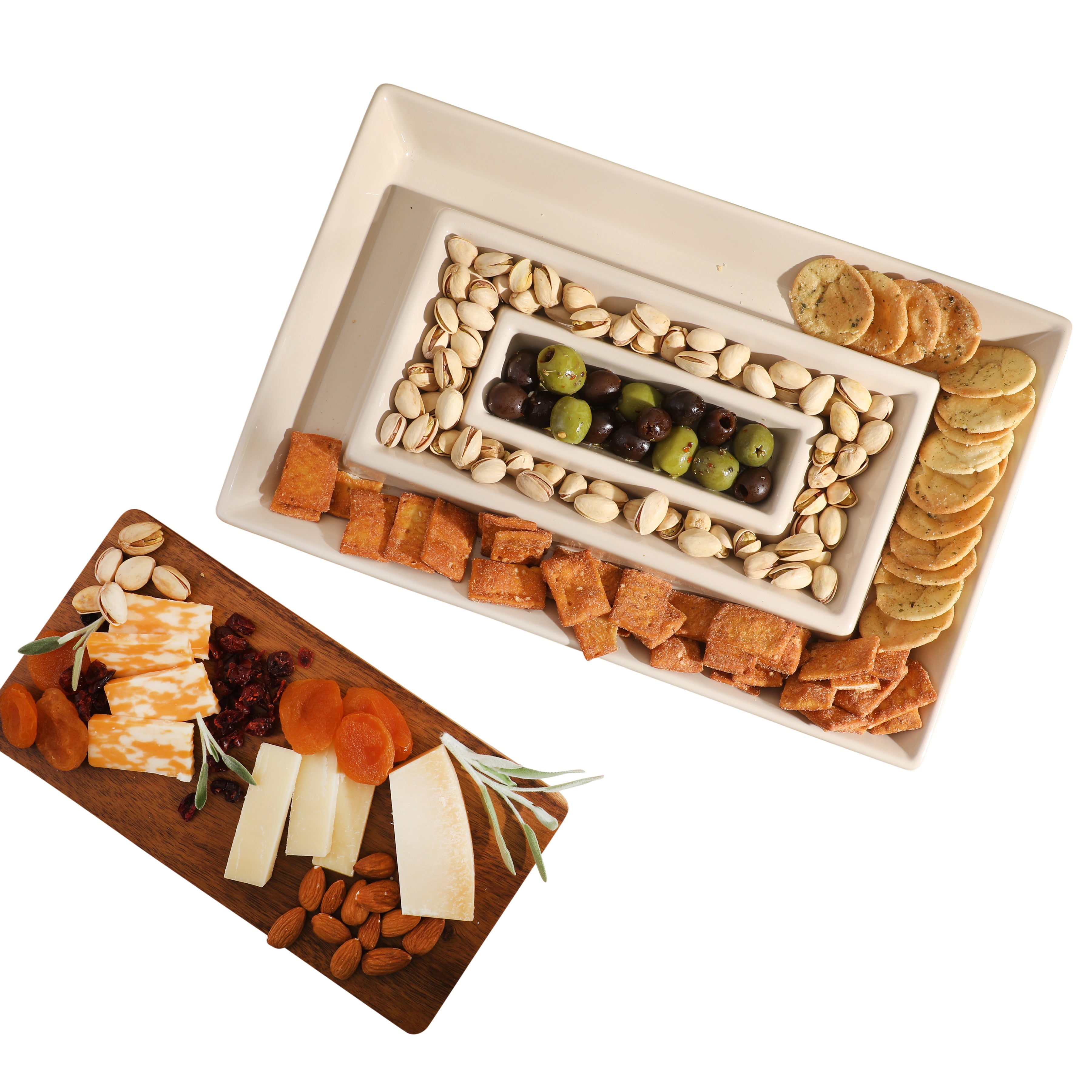 Gibson Elite 3-Section Stoneware Serving Tray with Acacia Lid – Taupe Rectangular Chip & Dip, Condiment, Snack and Appetizer Server for Parties & Entertaining