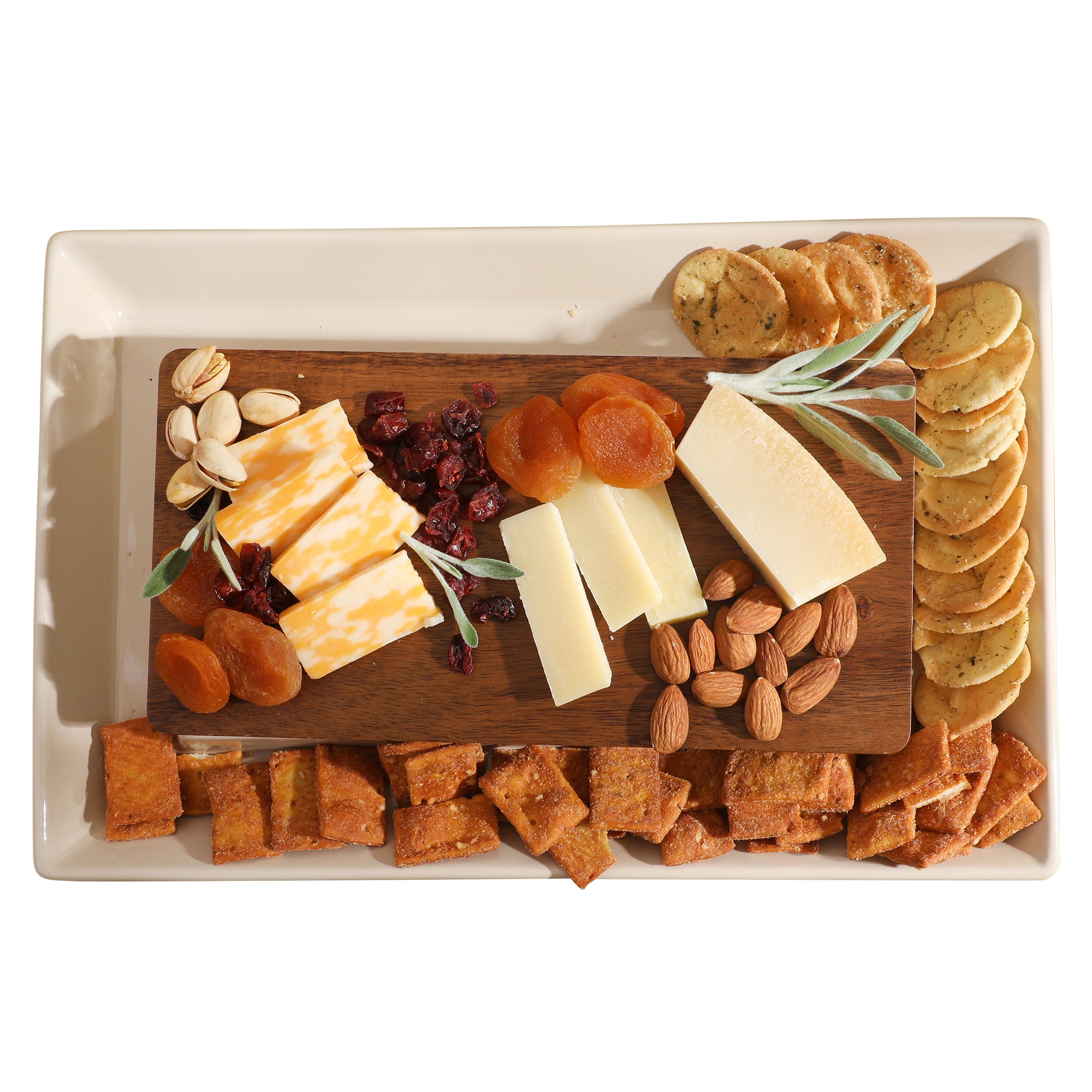 Gibson Elite 3-Section Stoneware Serving Tray with Acacia Lid – Taupe Rectangular Chip & Dip, Condiment, Snack and Appetizer Server for Parties & Entertaining