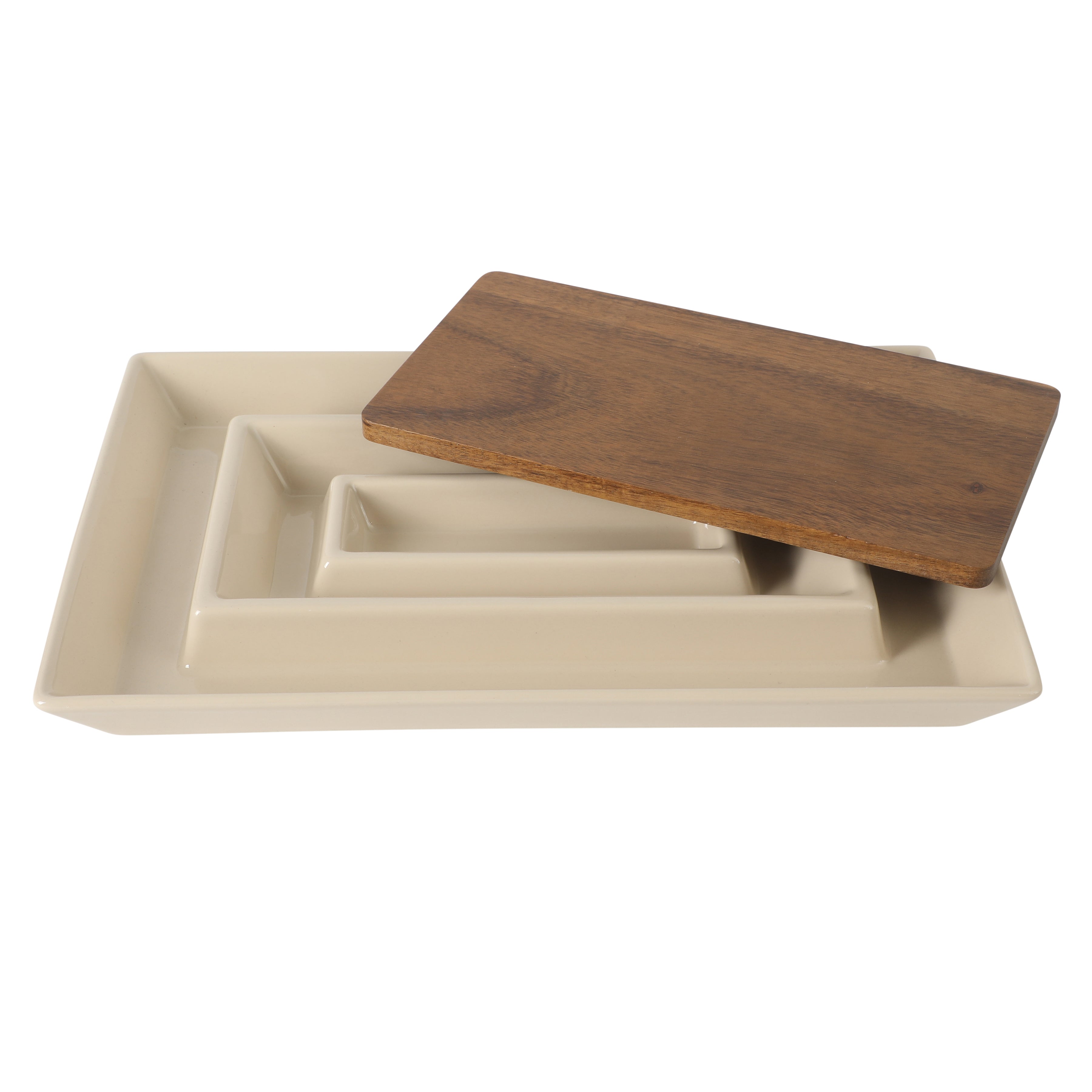 Gibson Elite 3-Section Stoneware Serving Tray with Acacia Lid – Taupe Rectangular Chip & Dip, Condiment, Snack and Appetizer Server for Parties & Entertaining