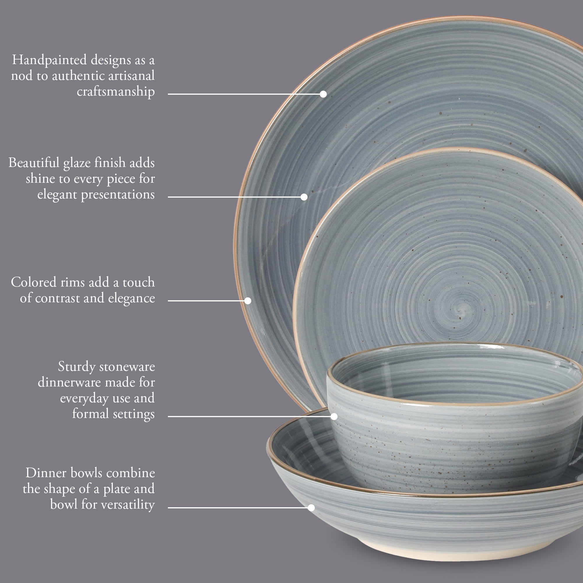 Gibson Home Stonebury 16 Piece Plates and Bowls Assorted Color Dishes - Handpainted Stoneware Dinnerware Set - Service for 4