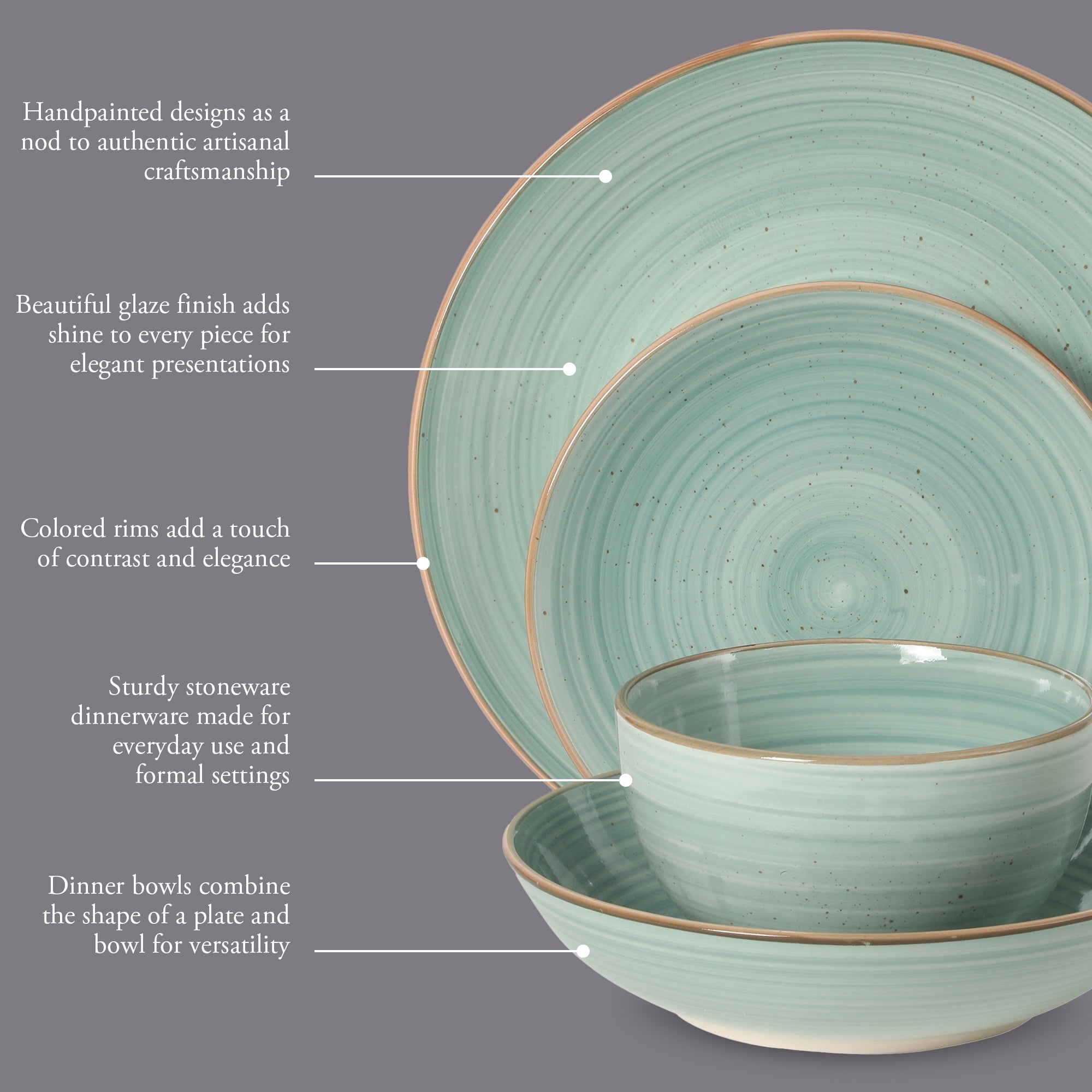 Gibson Home Stonebury 16 Piece Plates and Bowls Assorted Color Dishes - Handpainted Stoneware Dinnerware Set - Service for 4