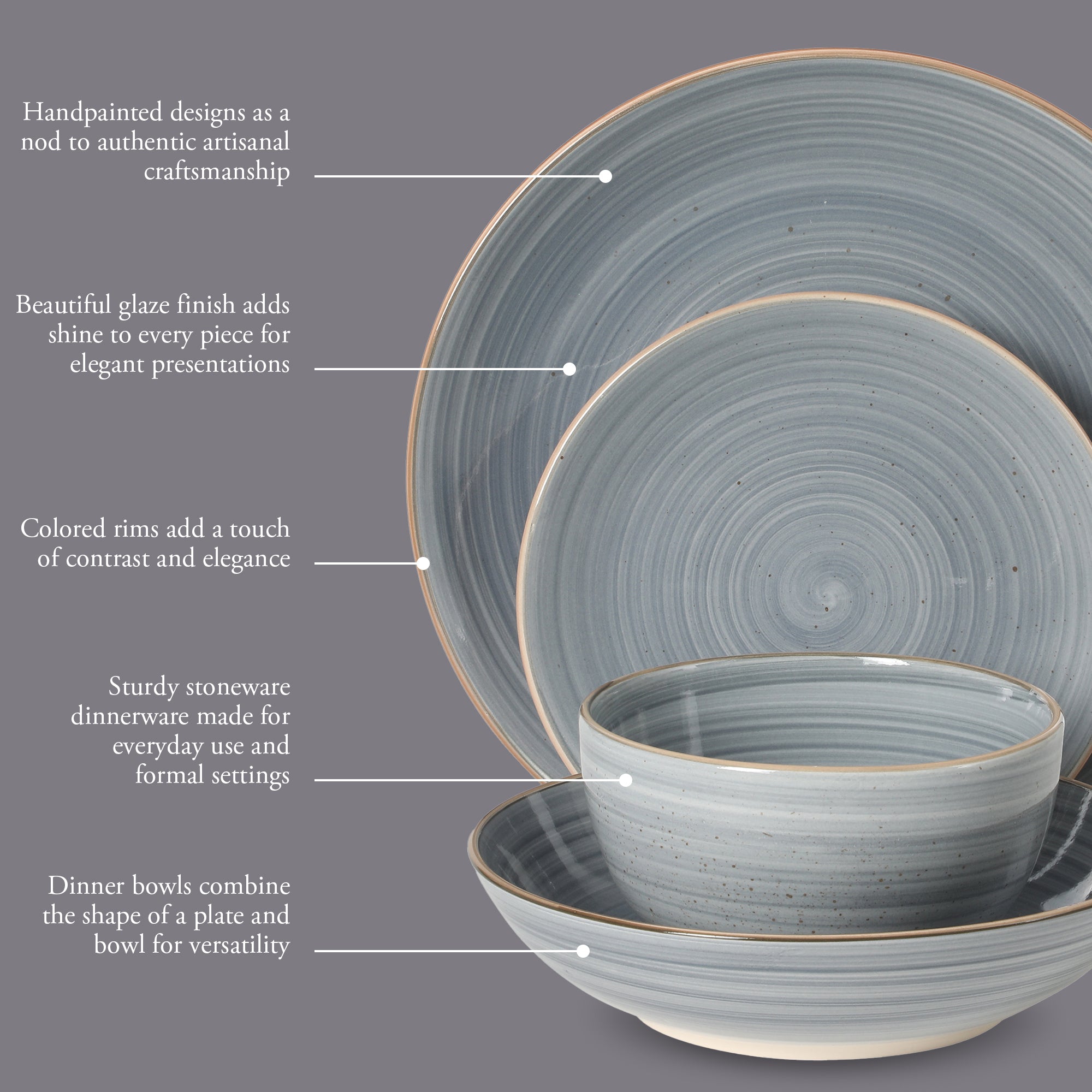 Gibson Home Stonebury 16 Piece Plates and Bowls Assorted Color Dishes - Handpainted Stoneware Dinnerware Set - Service for 4