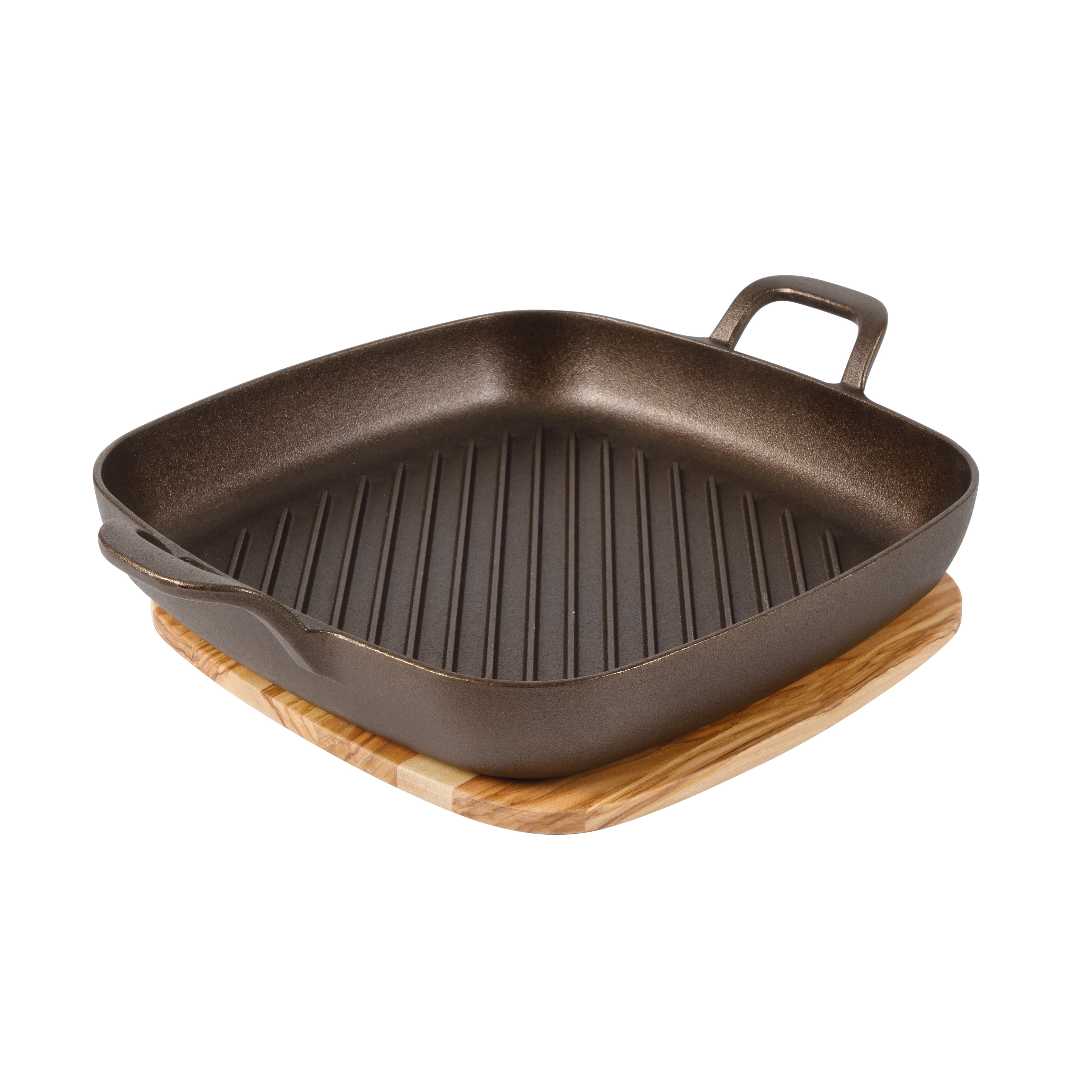 Bloomhouse Natural Bronze Finish 12-Inch Square Cast Iron Grill Pan – Olive Oil Treated Surface with Dual Handles & Olive Wood Trivet, Oven, Grill & Campfire Safe