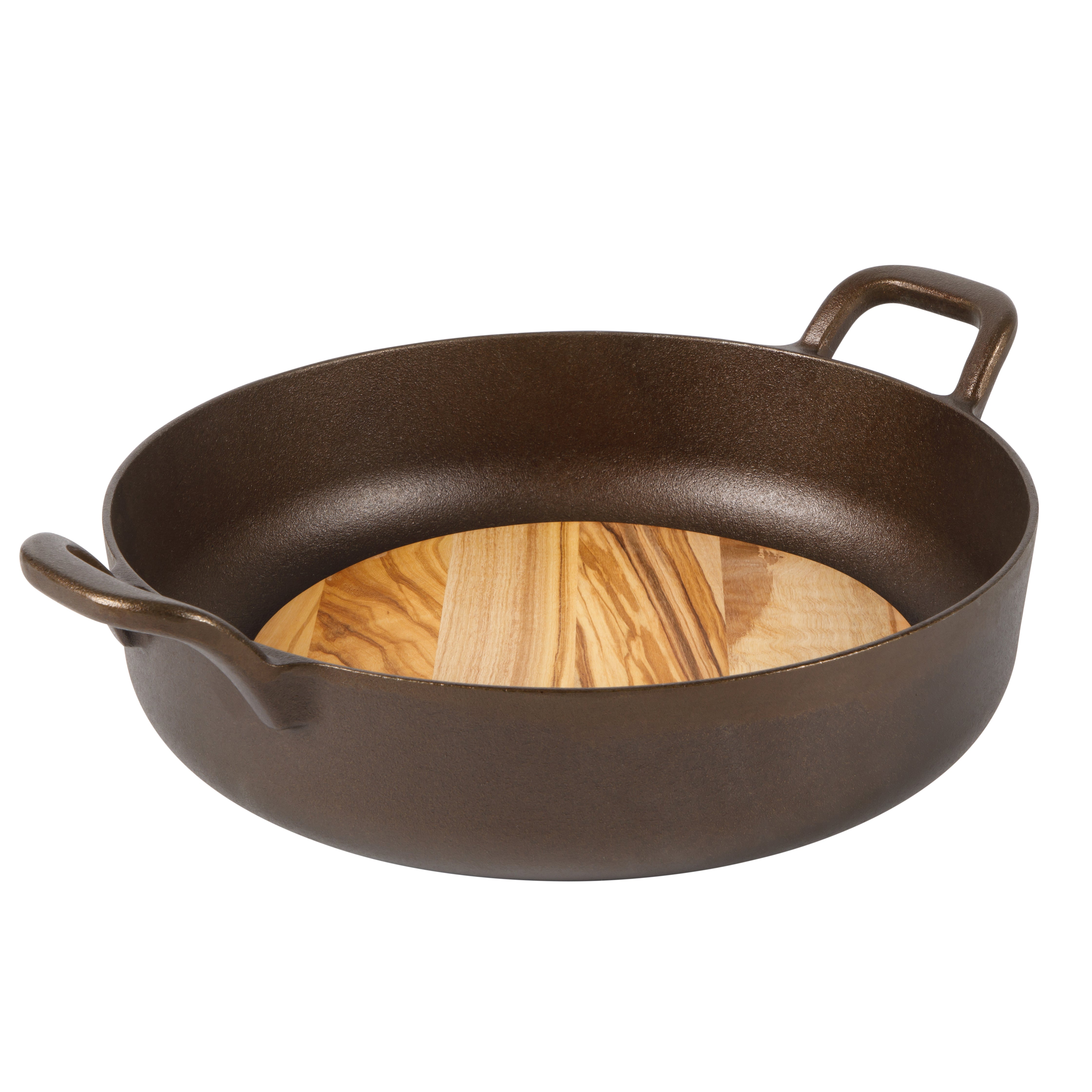 Bloomhouse Natural Bronze Finish 13-Inch Round Cast Iron Everyday Pan – Olive Oil Treated Cooking Surface with Dual Handles & Olive Wood Trivet, Oven, Stovetop & Campfire Safe
