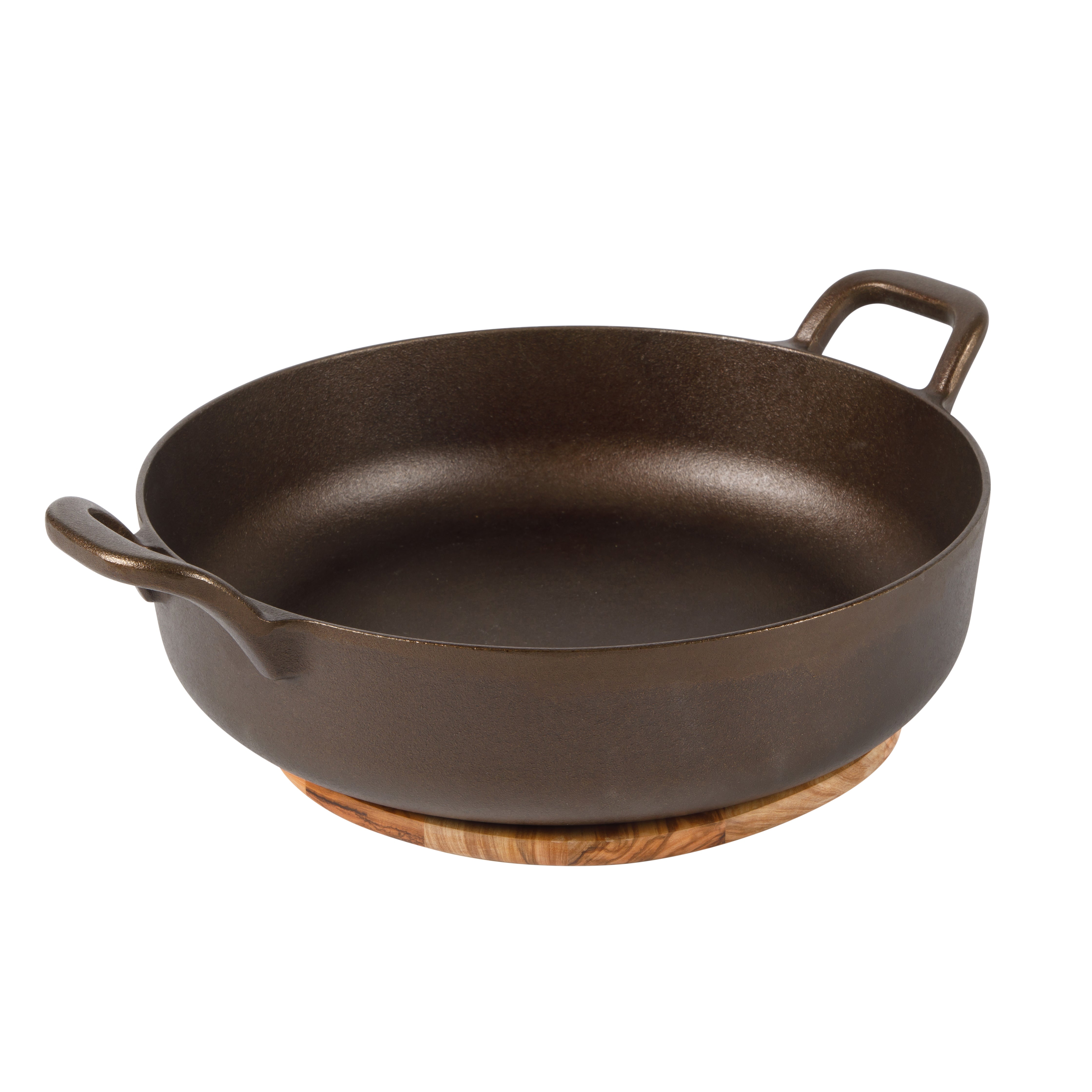 Bloomhouse Natural Bronze Finish 13-Inch Round Cast Iron Everyday Pan – Olive Oil Treated Cooking Surface with Dual Handles & Olive Wood Trivet, Oven, Stovetop & Campfire Safe
