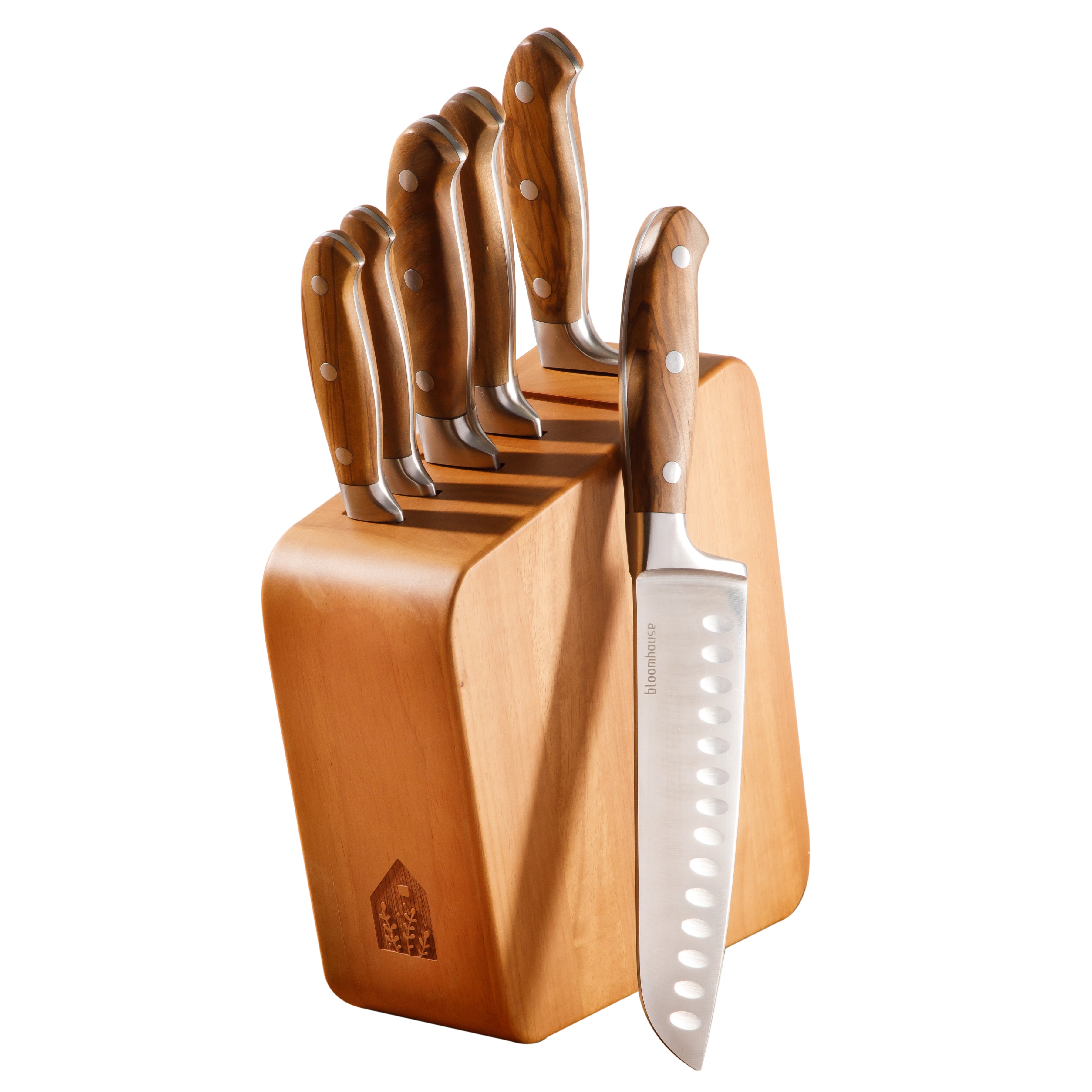 Bloomhouse 7 Piece Italian Olive Wood Knife Block Set w/ German Forged Steel Knives