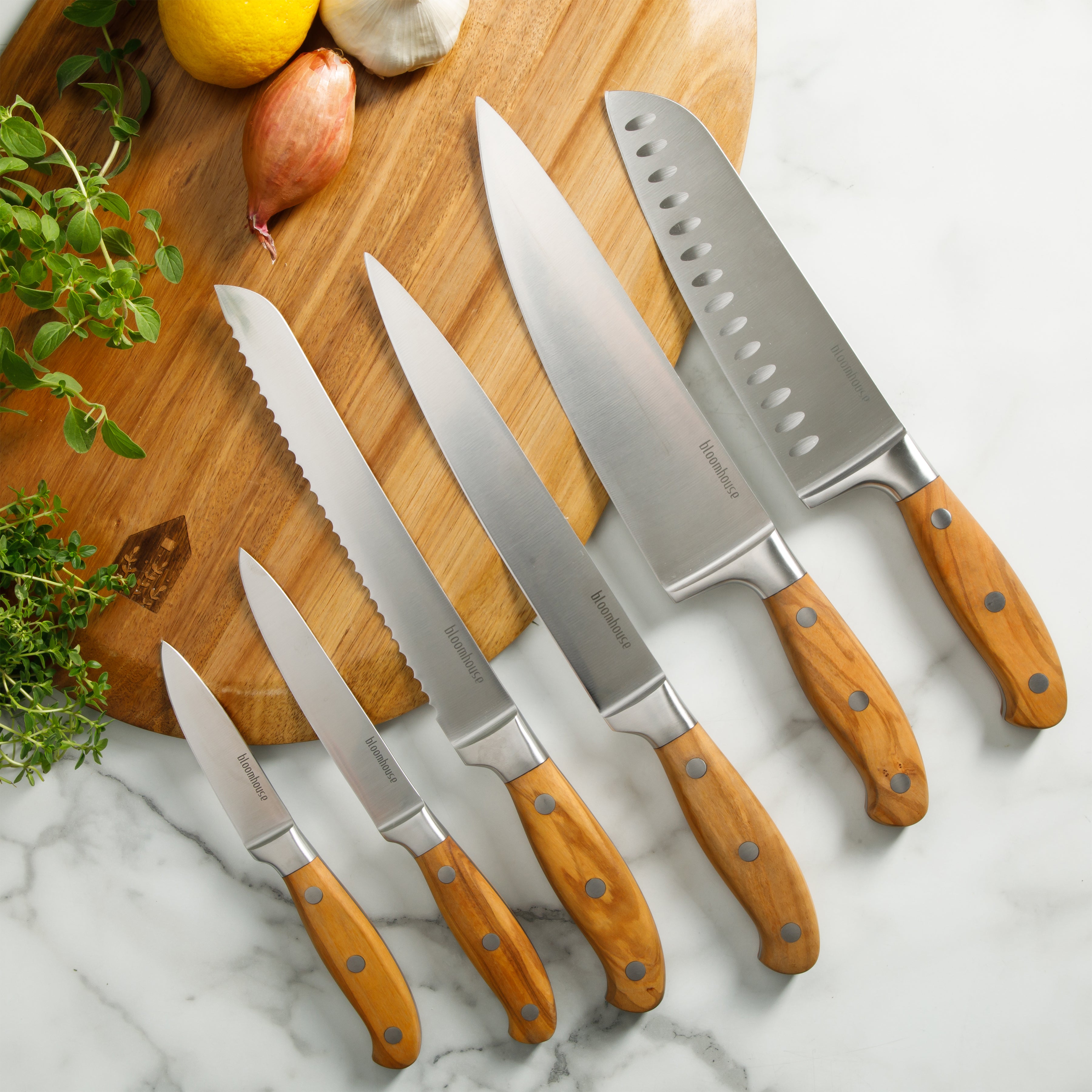 Bloomhouse 7 Piece Italian Olive Wood Knife Block Set w/ German Forged