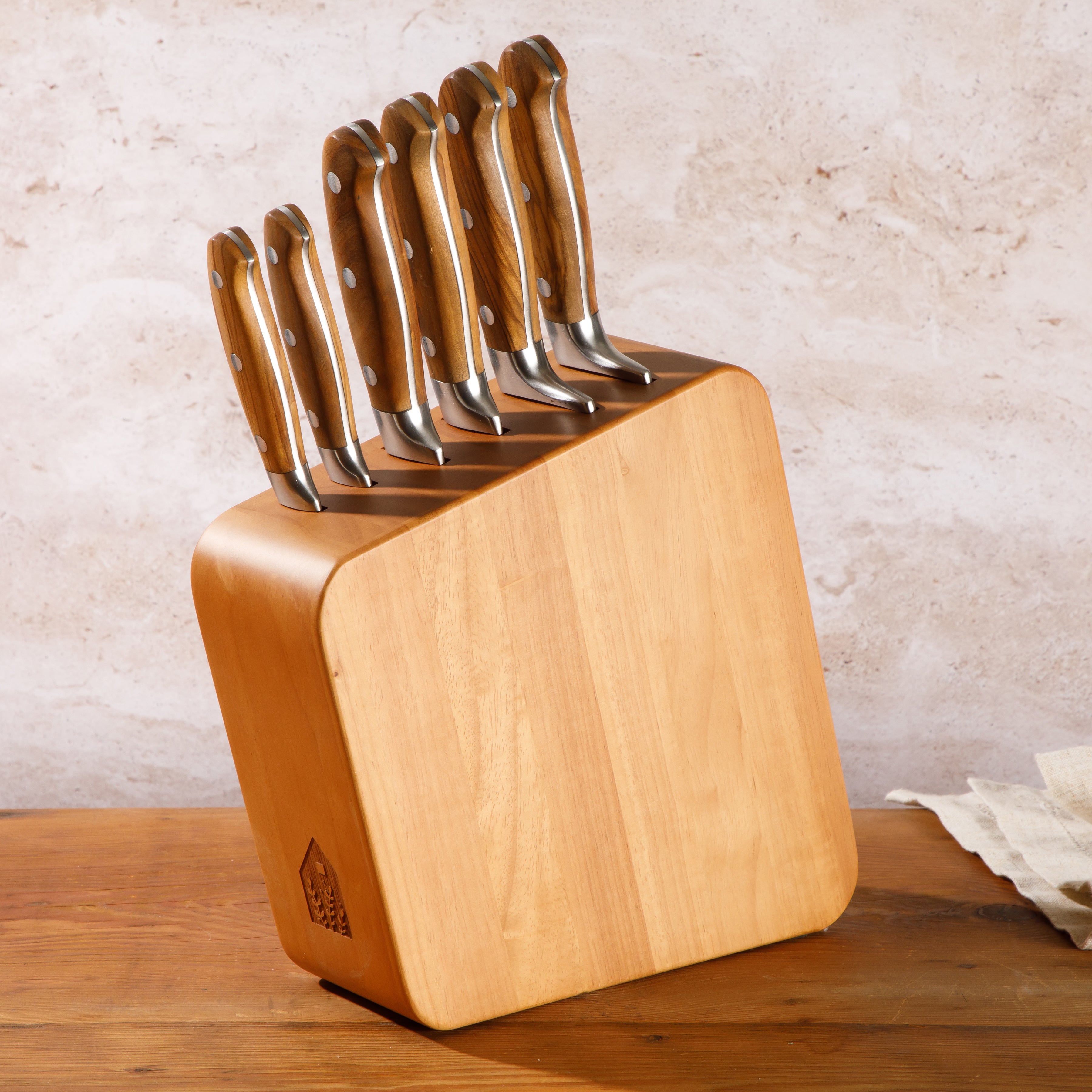 Bloomhouse 7 Piece Italian Olive Wood Knife Block Set w/ German Forged