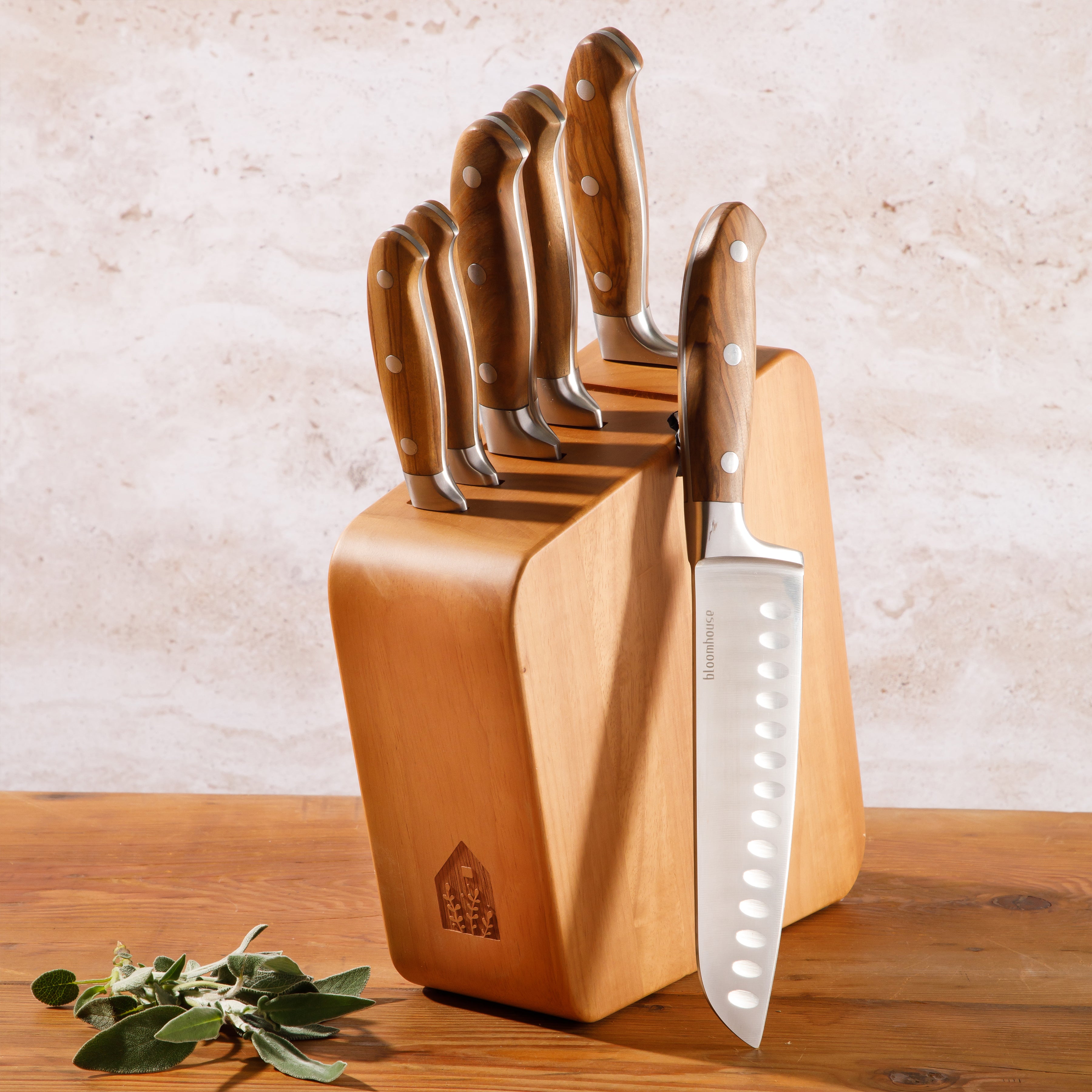 Bloomhouse 7 Piece Italian Olive Wood Knife Block Set w/ German Forged