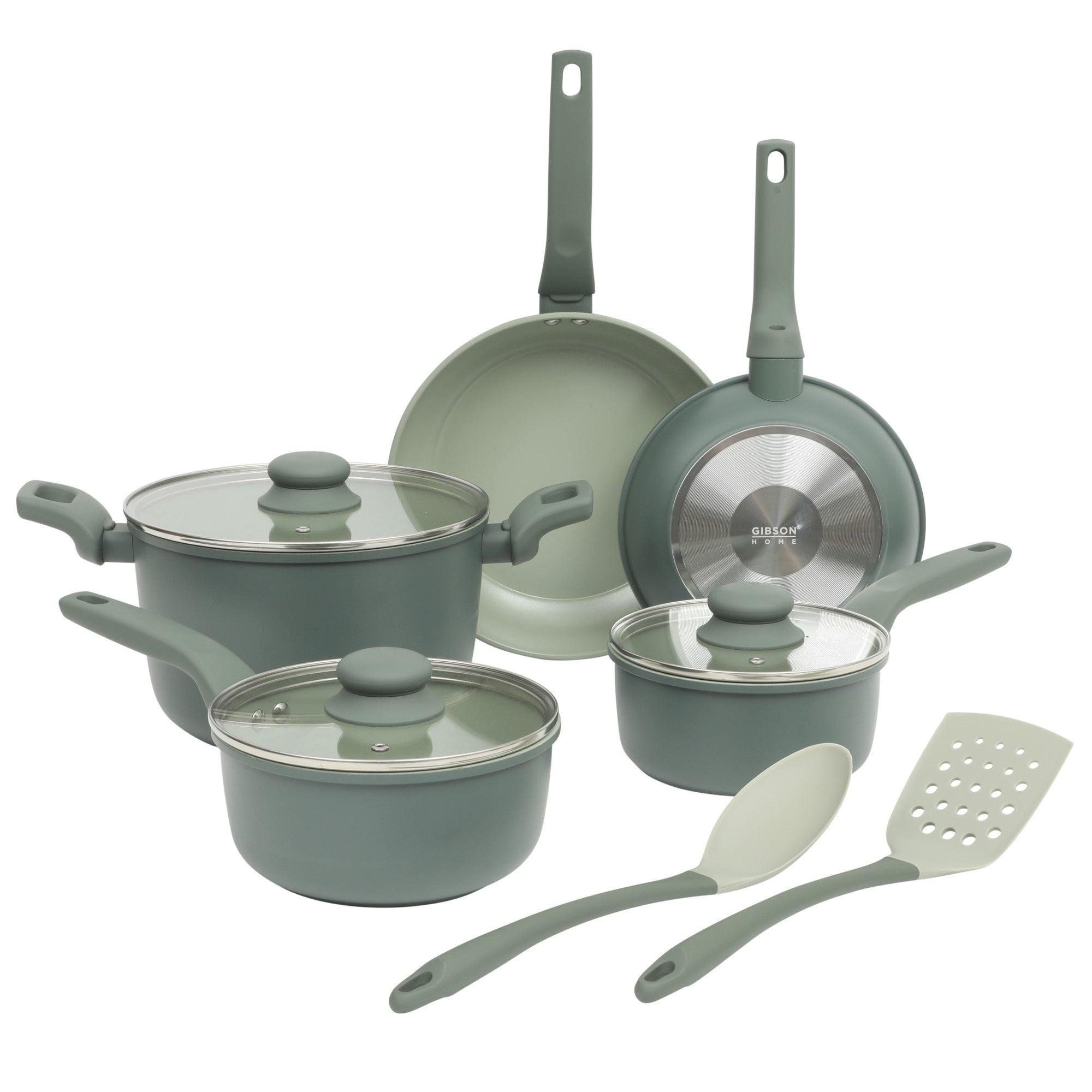 Gibson Home Barnsdall 10 Piece Premium PFA Free Ceramic Nonstick Pots and Pans Aluminum Cookware Set W/ Kitchen Tools - Linen