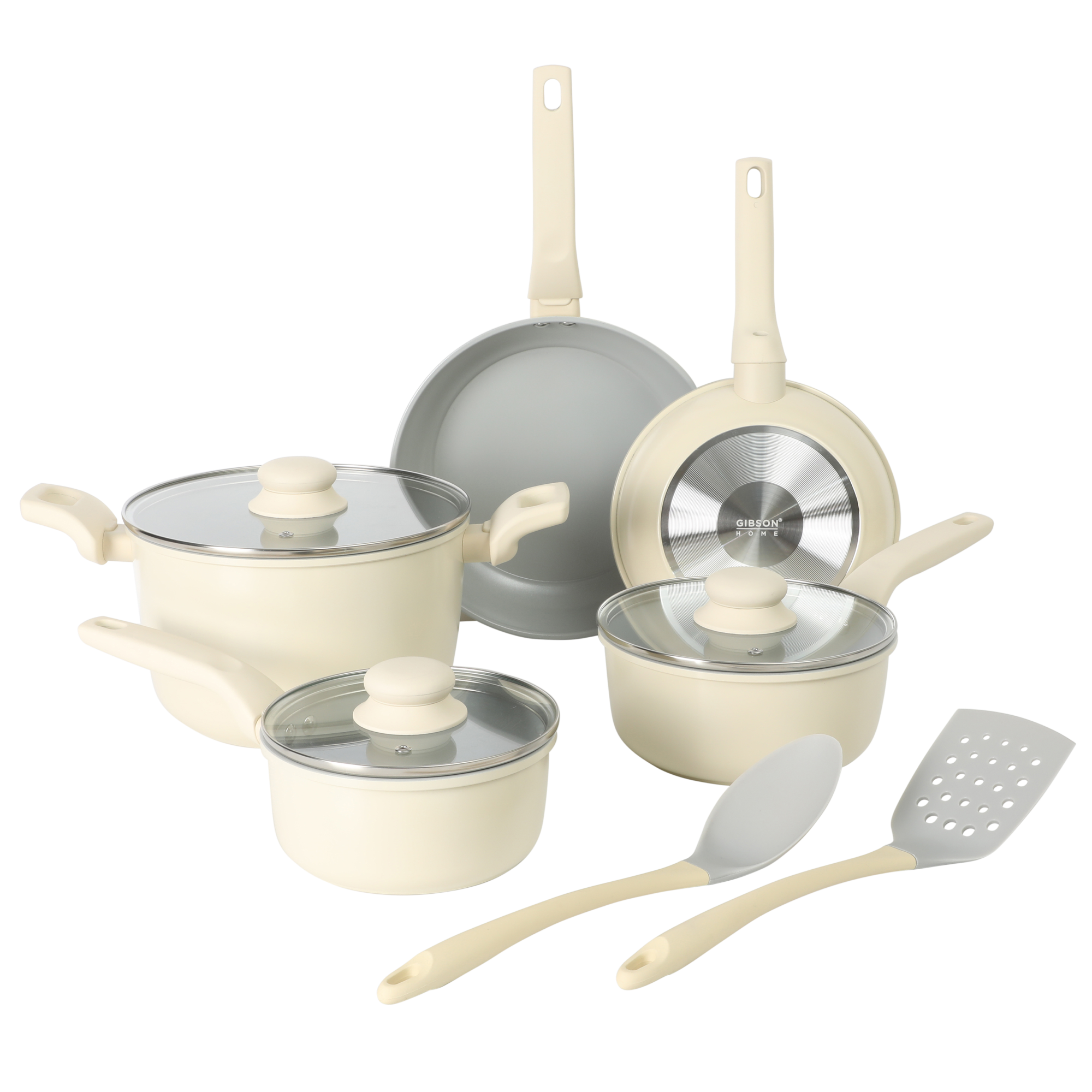 Gibson Home Barnsdall 10 Piece Premium PFA Free Ceramic Nonstick Pots and Pans Aluminum Cookware Set W/ Kitchen Tools - Linen