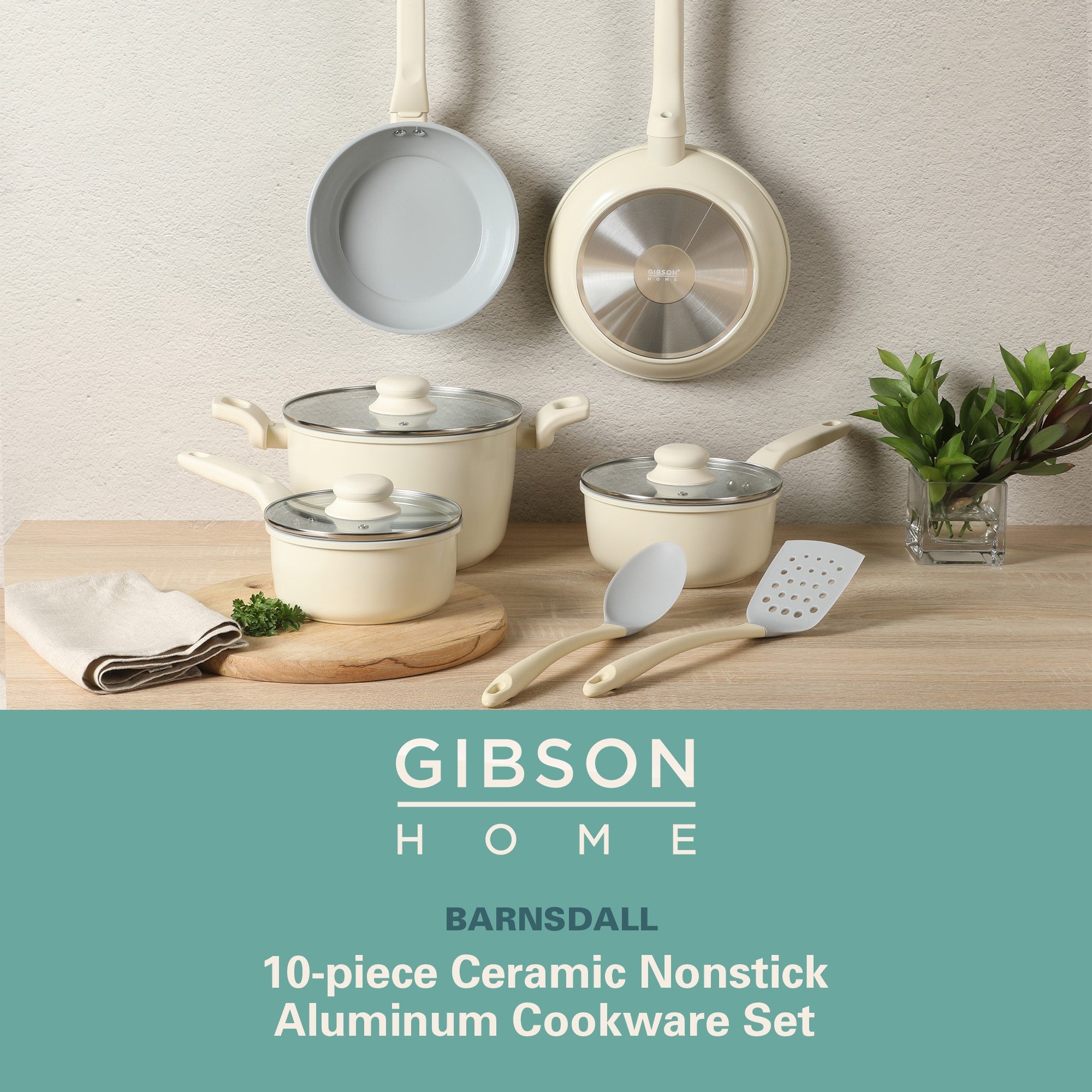 Gibson Home Barnsdall 10 Piece Premium PFA Free Ceramic Nonstick Pots and Pans Aluminum Cookware Set W/ Kitchen Tools - Linen