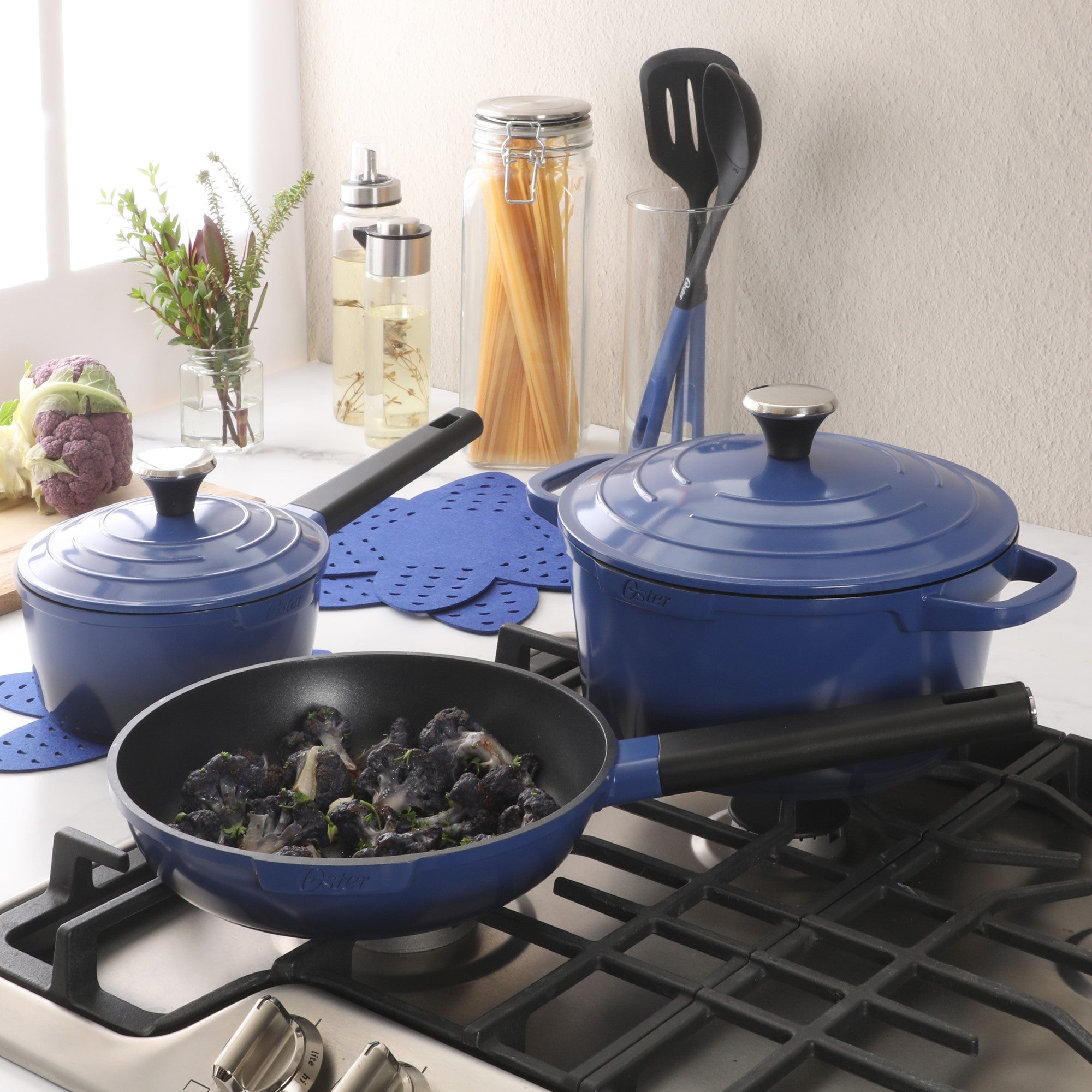 Oster Platinum Amberton 10 Piece Cast Aluminum Pots and Pans PFA Free Ceramic Non stick Cookware Set - Blue