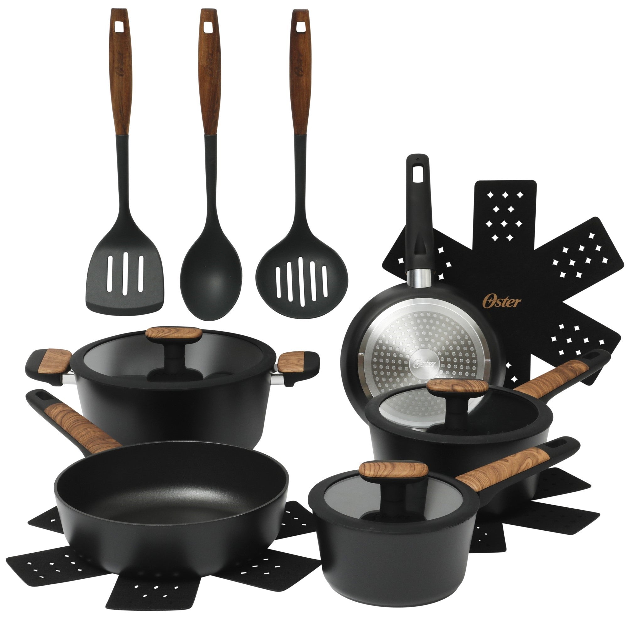 Oster Platinum Oxburg 14 Piece Forged Aluminum PFA Free Non-toxic Premium Ceramic Non Stick Interior Cookware & Kitchen Tools Set - Black W. Wood Handles