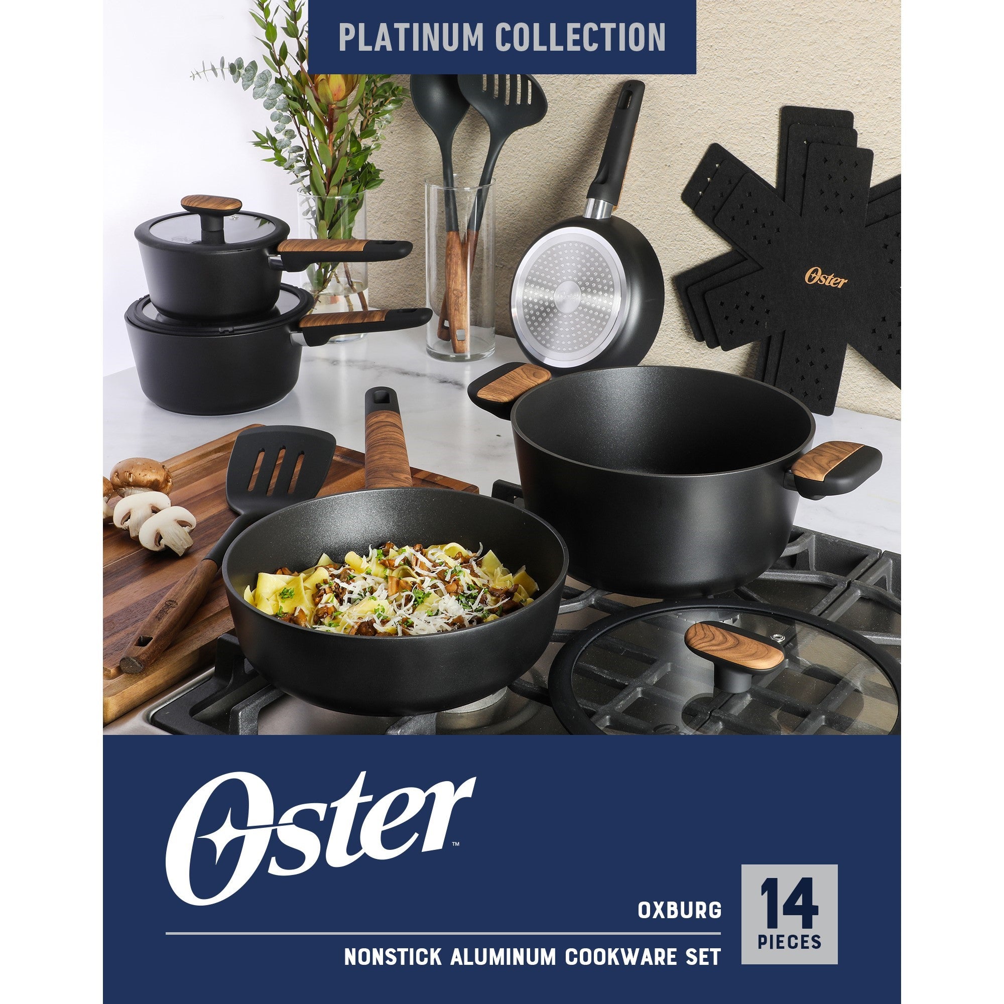 Oster Platinum Oxburg 14 Piece Forged Aluminum PFA Free Non-toxic Premium Ceramic Non Stick Interior Cookware & Kitchen Tools Set - Black W. Wood Handles