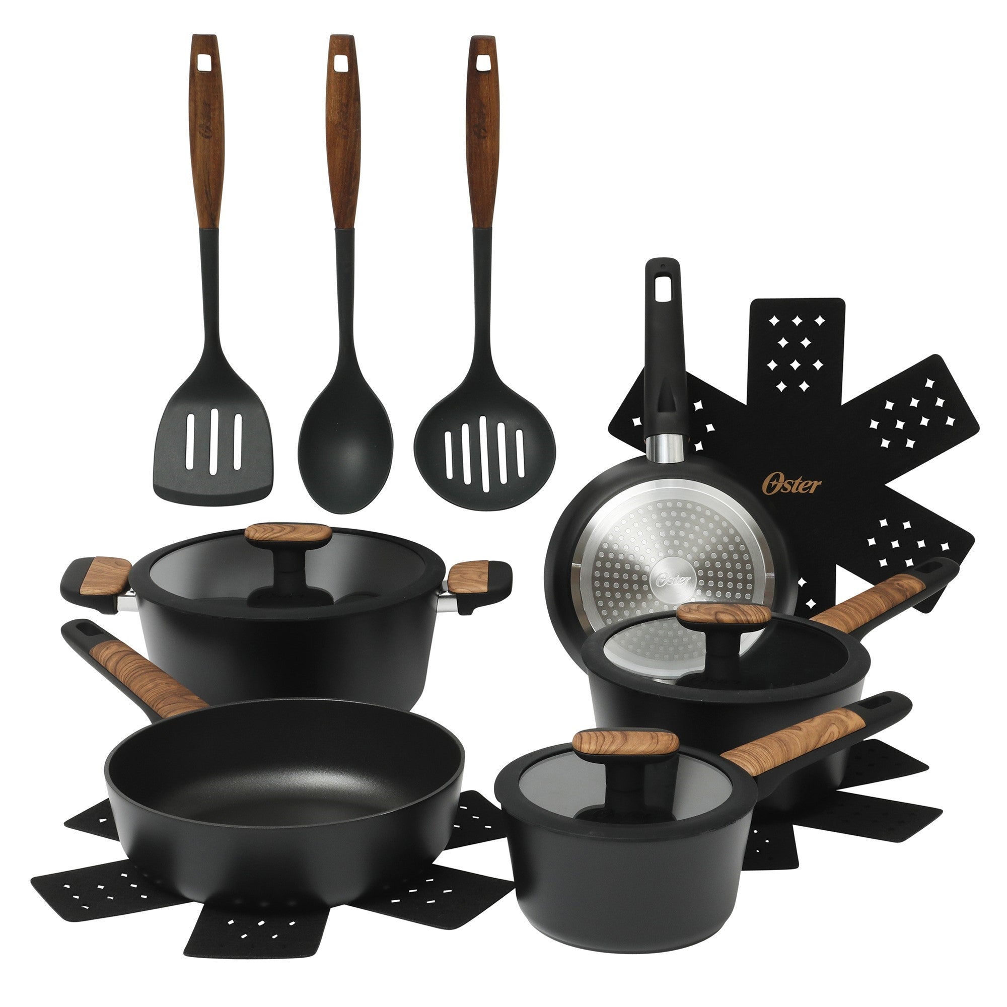 Oster Platinum Oxburg 14 Piece Forged Aluminum PFA Free Non-toxic Premium Ceramic Non Stick Interior Cookware & Kitchen Tools Set - Black W. Wood Handles