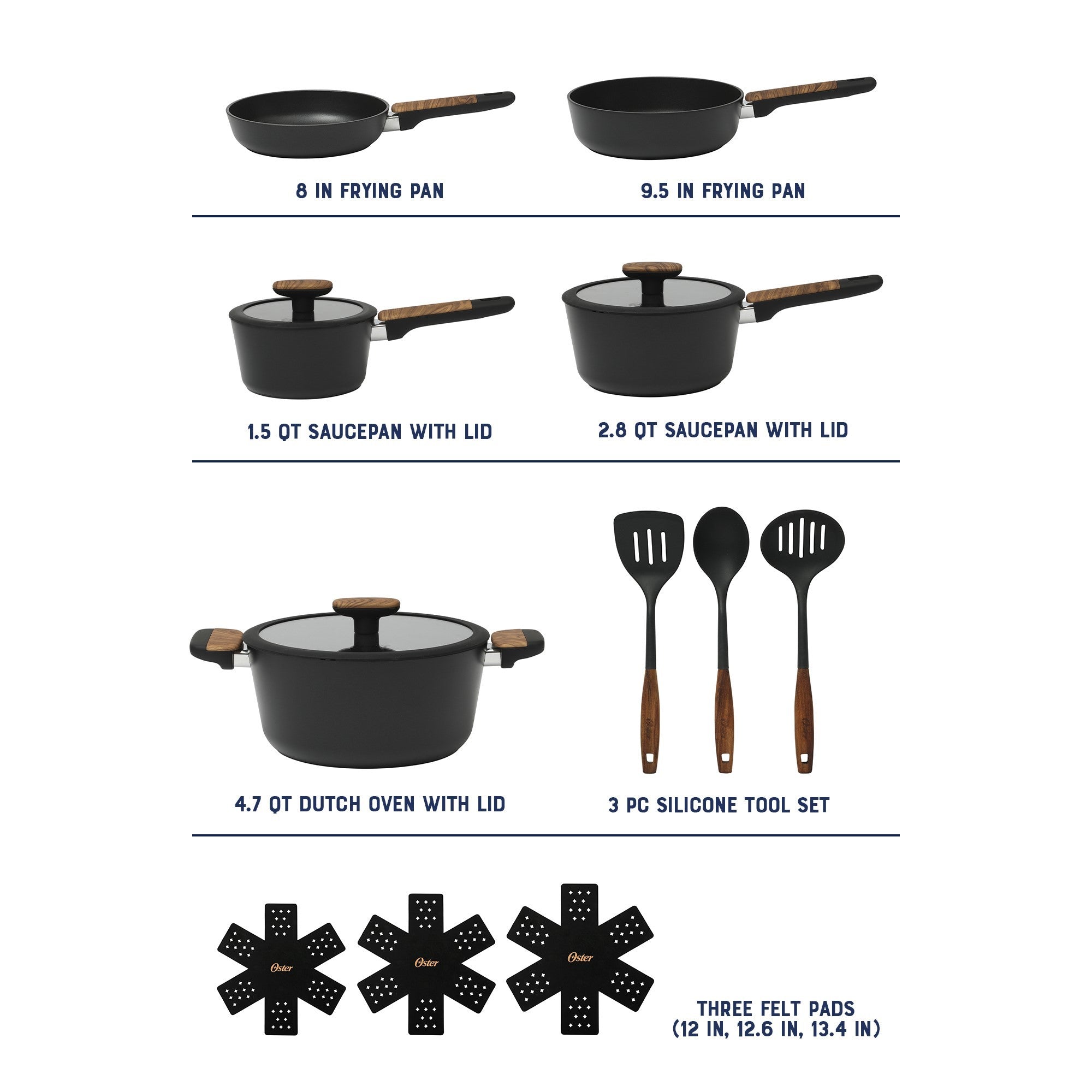 Oster Platinum Oxburg 14 Piece Forged Aluminum PFA Free Non-toxic Premium Ceramic Non Stick Interior Cookware & Kitchen Tools Set - Black W. Wood Handles