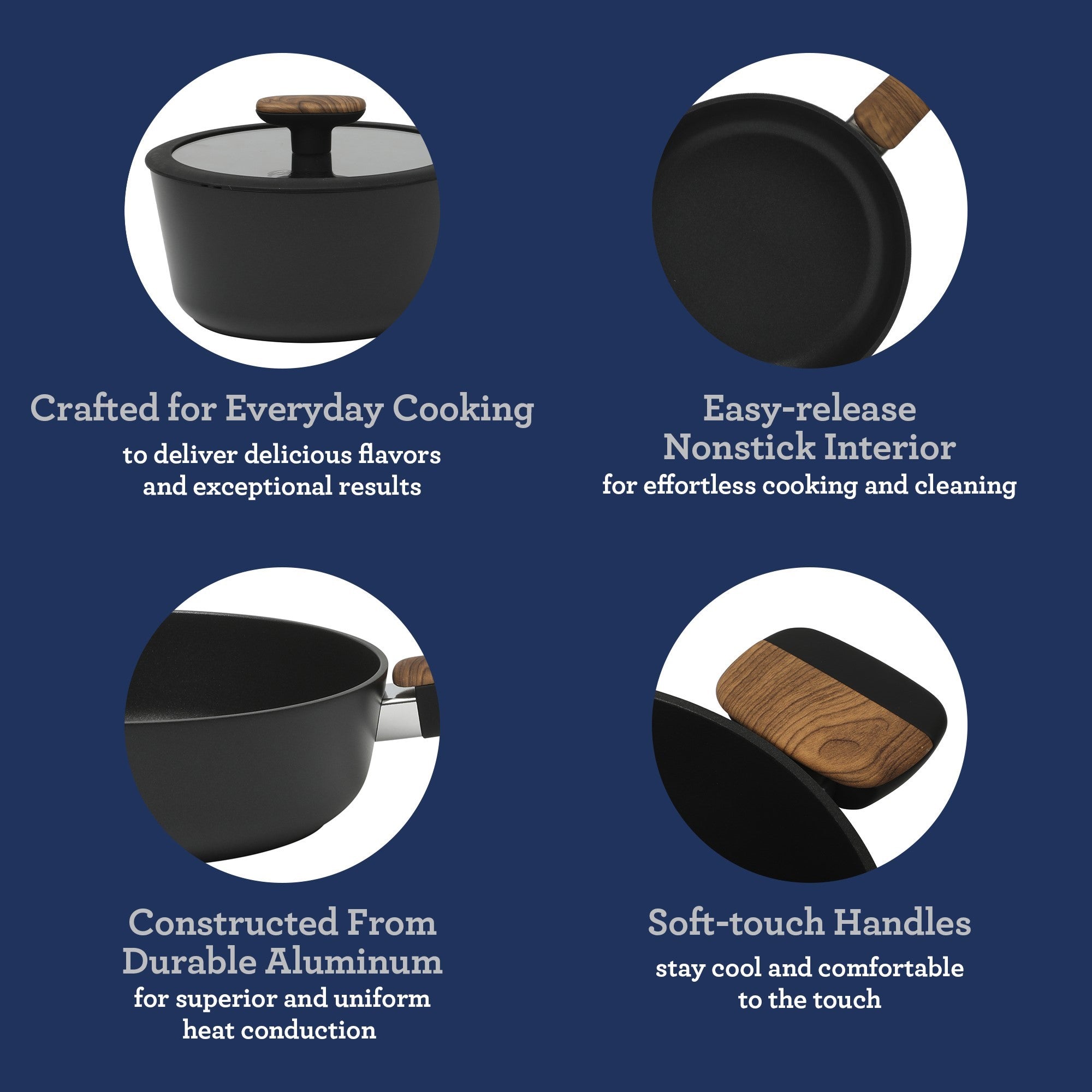 Oster Platinum Oxburg 14 Piece Forged Aluminum PFA Free Non-toxic Premium Ceramic Non Stick Interior Cookware & Kitchen Tools Set - Black W. Wood Handles