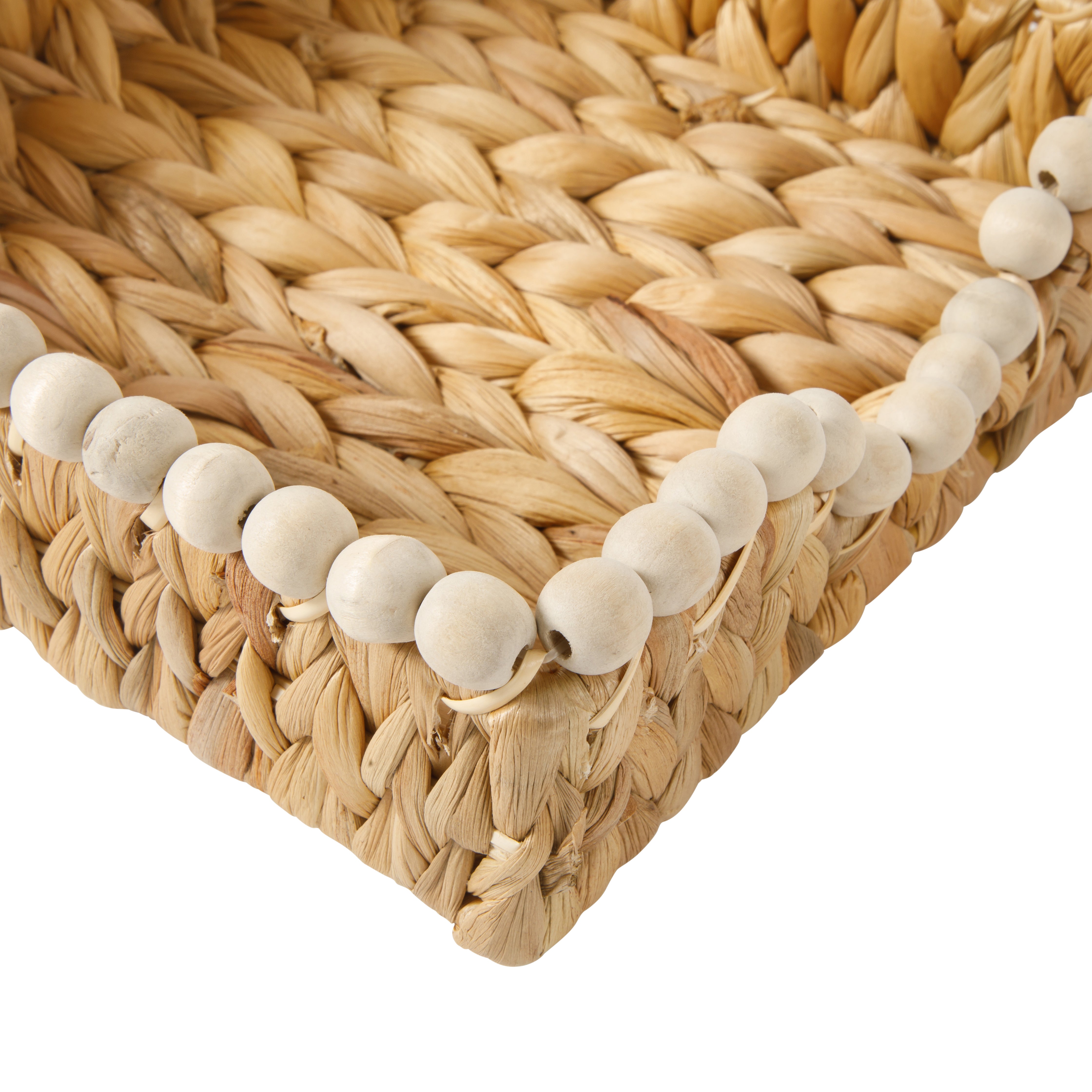Gibson Home Riverrun Grove Woven Decorative Napkin Holder Tray – Natural Water Hyacinth Square Basket with Wood-Bead Trim for Napkins, Keys, Mail, Coffee Table Décor & Kitchen Counter Storage