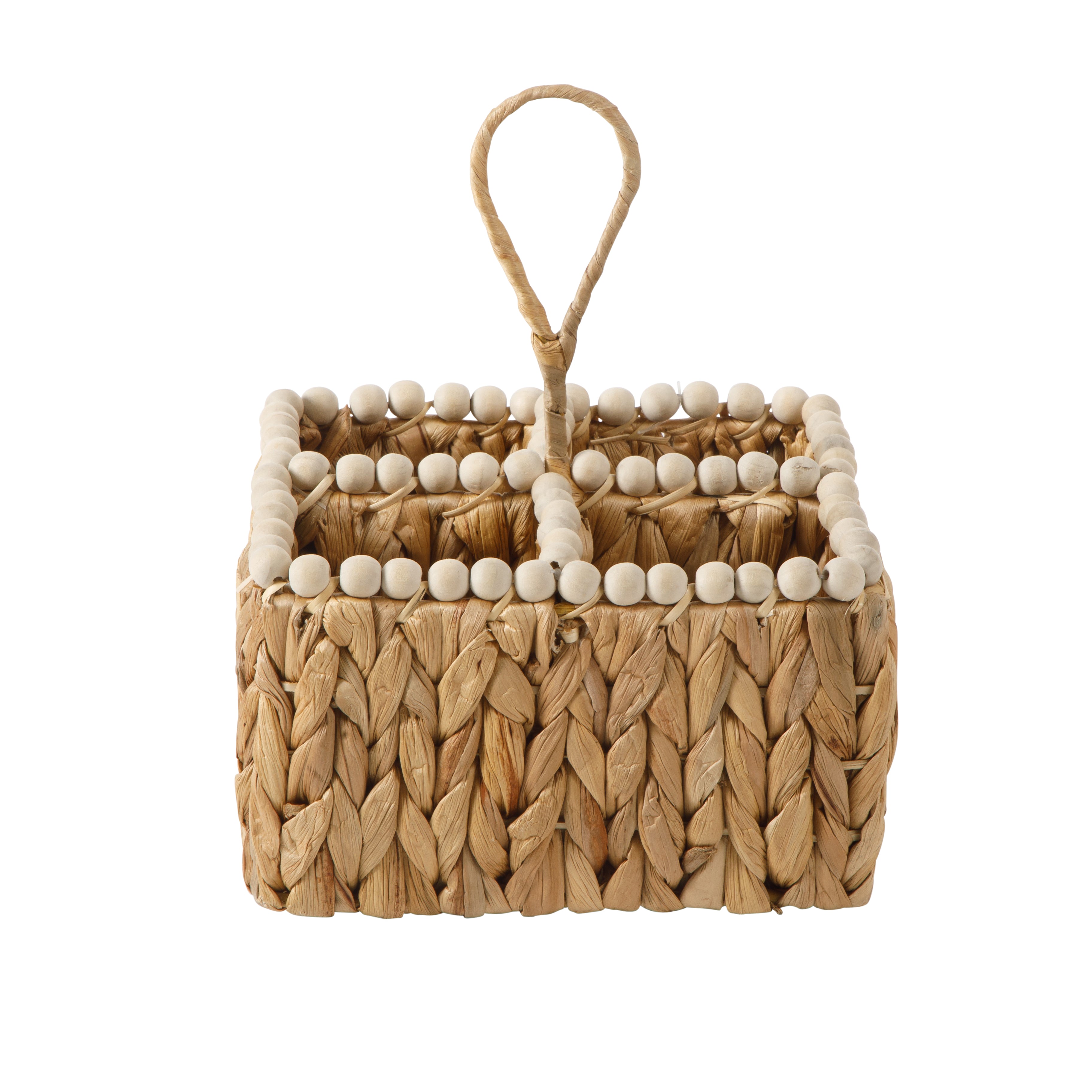 Gibson Home Riverrun Grove Woven Utensil Caddy with 4 Compartments, Natural Hand-Braided Water Hyacinth Basket with Wood-Bead Trim for Napkins, Cutlery, Condiments & Tabletop Storage