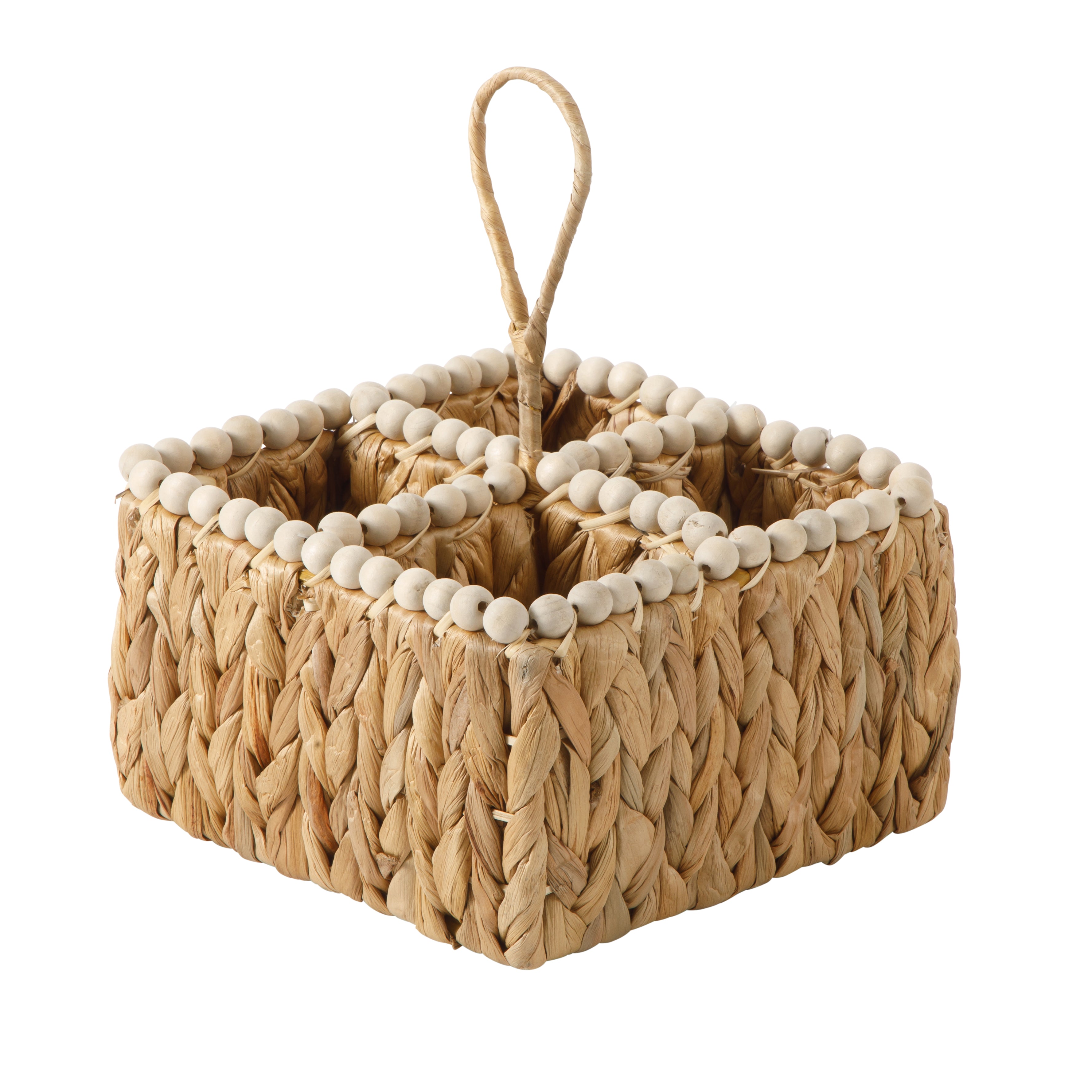 Gibson Home Riverrun Grove Woven Utensil Caddy with 4 Compartments, Natural Hand-Braided Water Hyacinth Basket with Wood-Bead Trim for Napkins, Cutlery, Condiments & Tabletop Storage