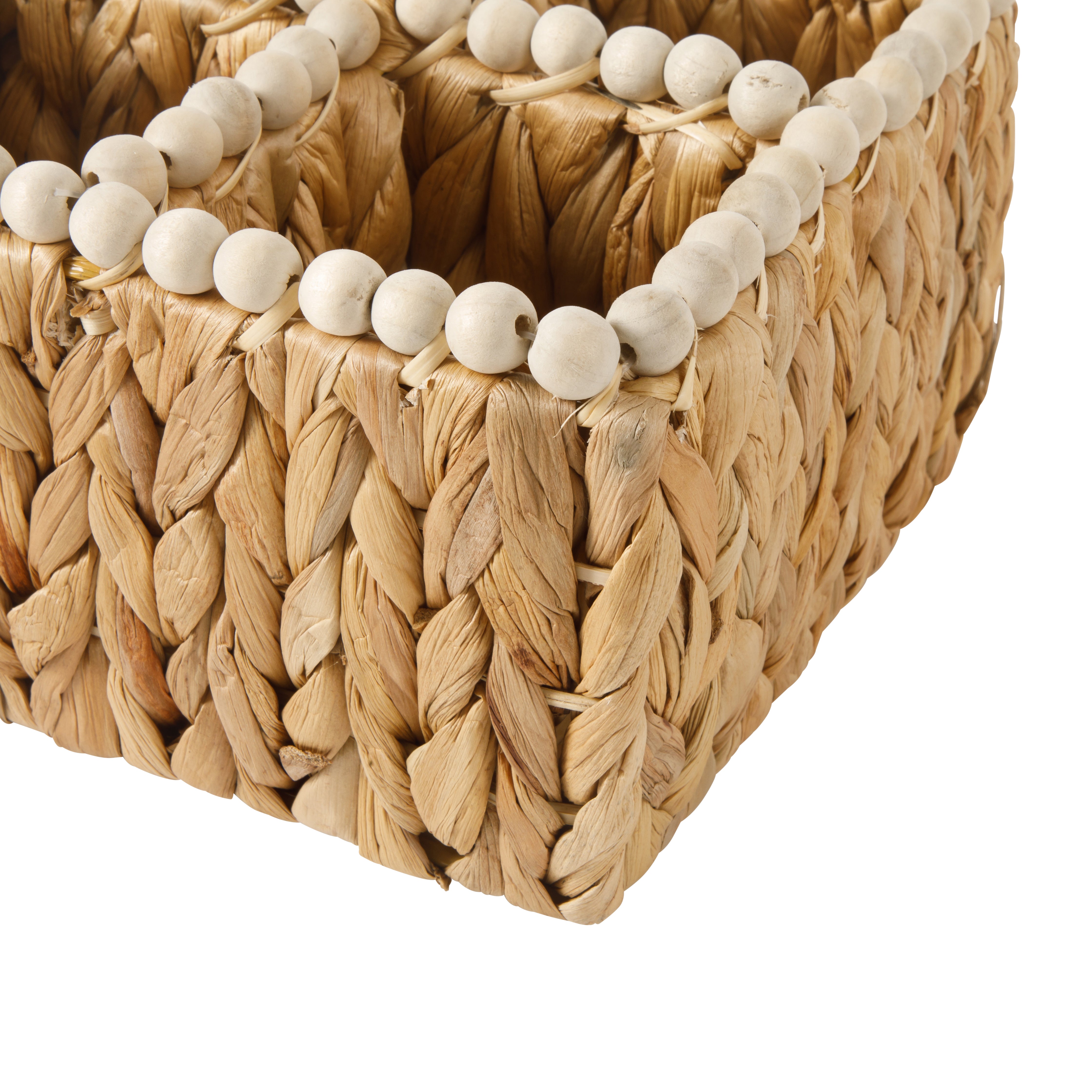 Gibson Home Riverrun Grove Woven Utensil Caddy with 4 Compartments, Natural Hand-Braided Water Hyacinth Basket with Wood-Bead Trim for Napkins, Cutlery, Condiments & Tabletop Storage