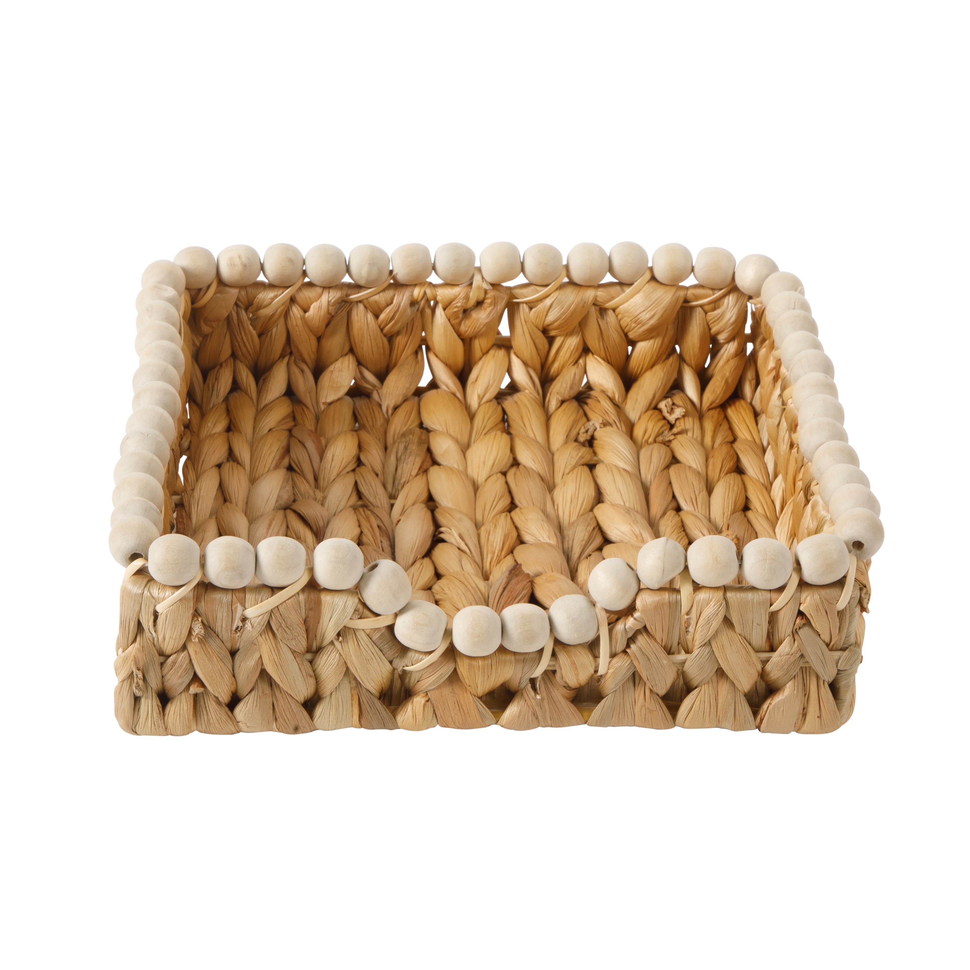 Gibson Home Riverrun Grove Woven Decorative Napkin Holder Tray – Natural Water Hyacinth Square Basket with Wood-Bead Trim for Napkins, Keys, Mail, Coffee Table Décor & Kitchen Counter Storage