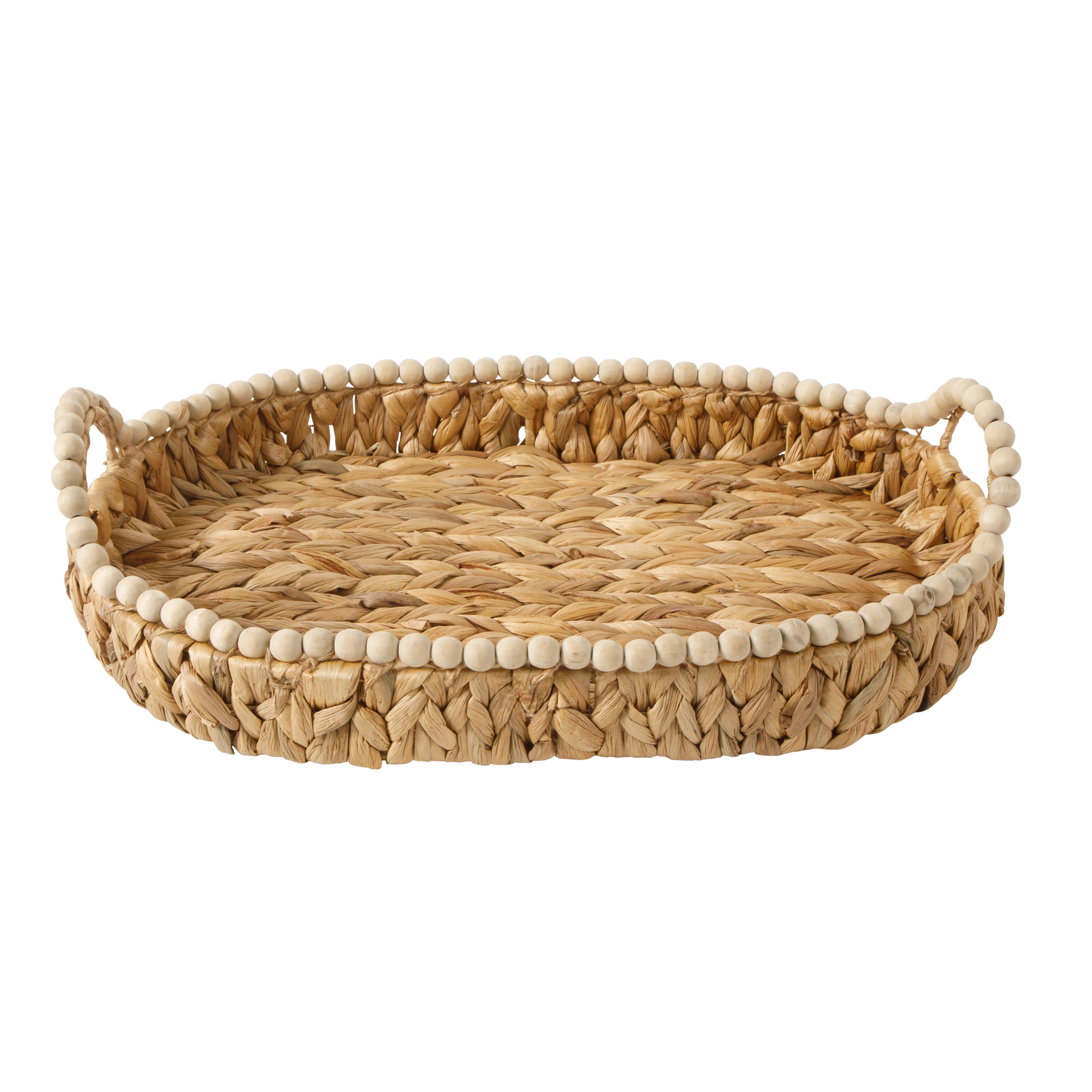 Gibson Home Riverrun Grove 17" Woven Decorative Serving Tray – Large Natural Water Hyacinth Basket w/ Wood-Bead Trim & Handles for Coffee Table Décor, Ottomans, Centerpieces & Kitchen Counter Display