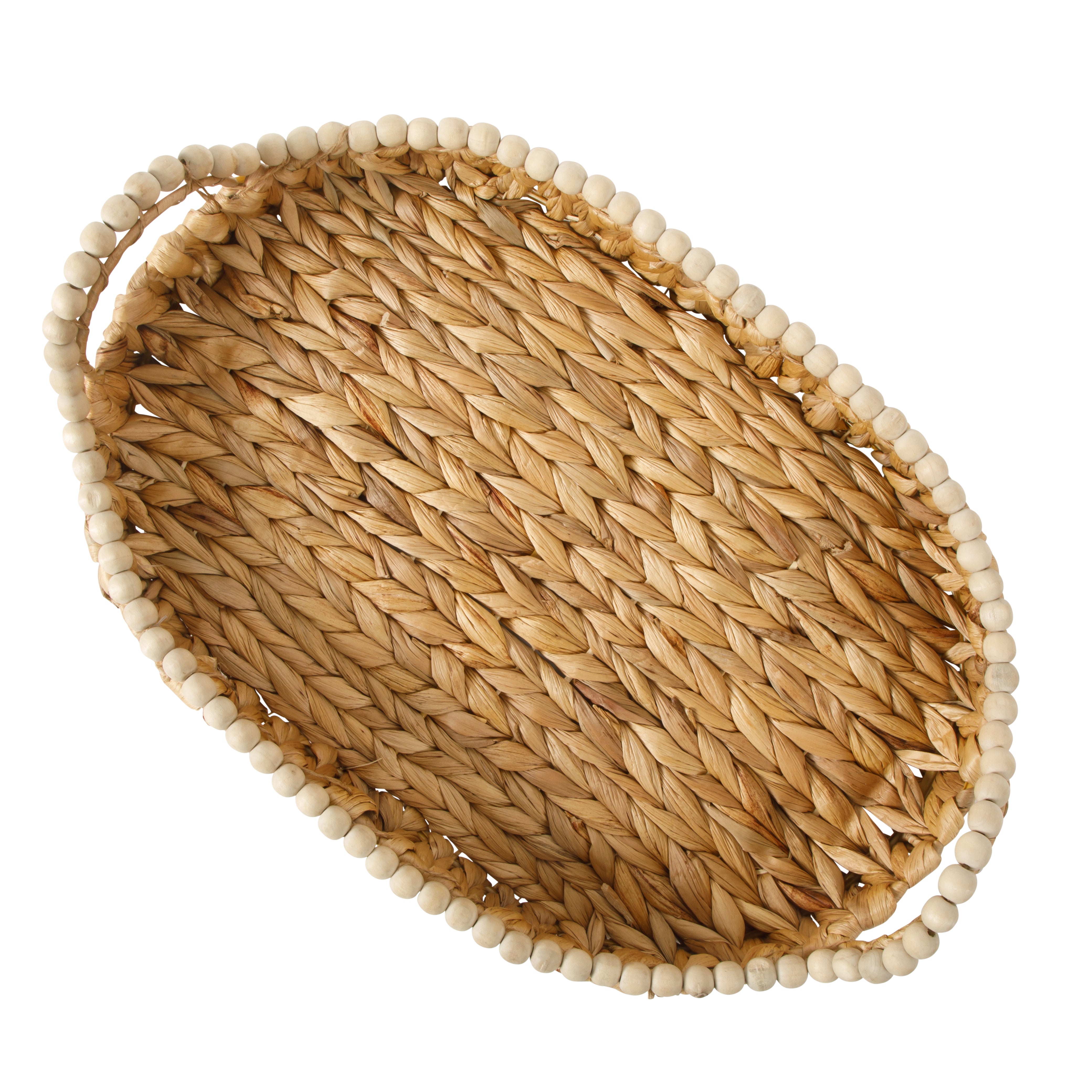 Gibson Home Riverrun Grove 17" Woven Decorative Serving Tray – Large Natural Water Hyacinth Basket w/ Wood-Bead Trim & Handles for Coffee Table Décor, Ottomans, Centerpieces & Kitchen Counter Display