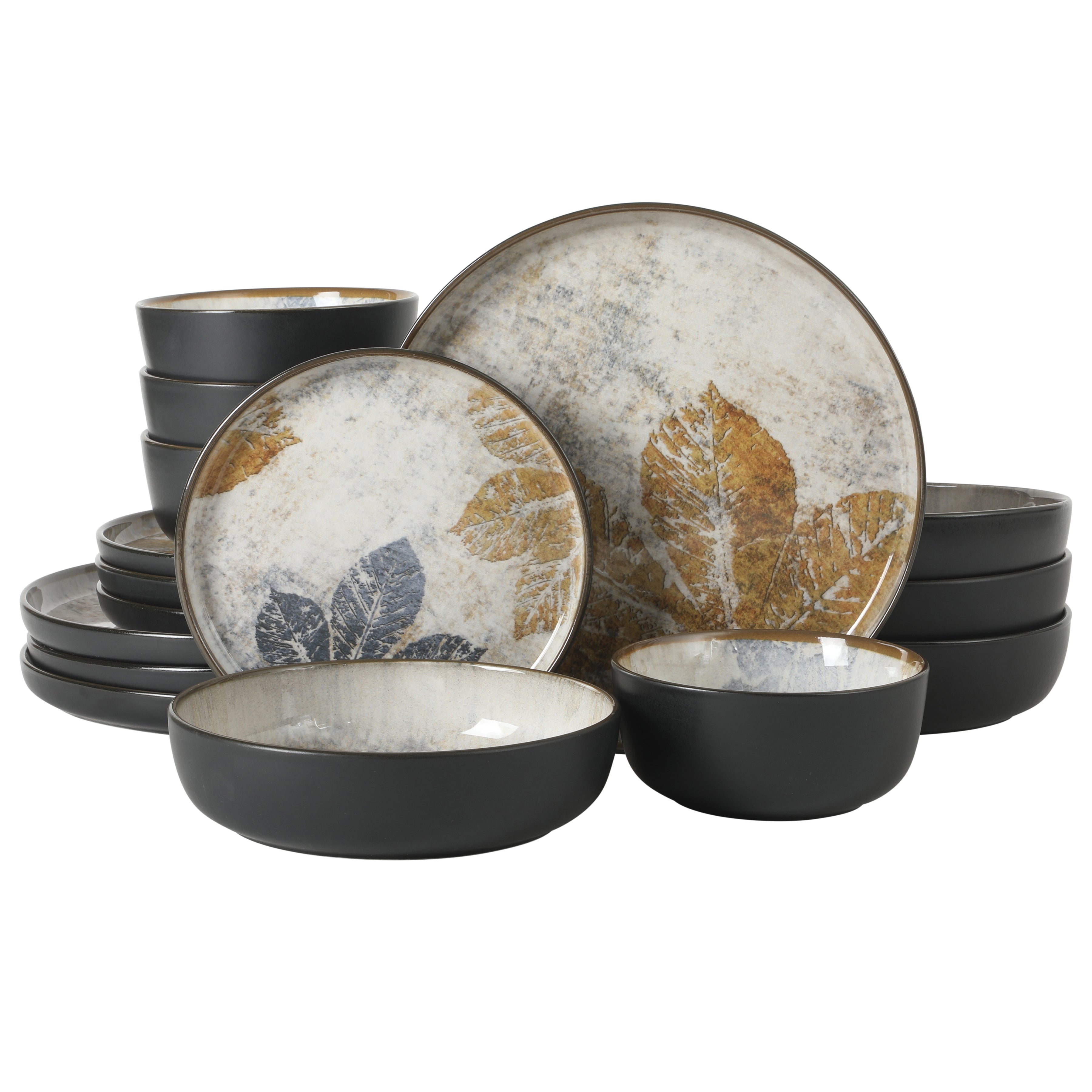 Gibson Elite Chantilly Hill 16-Piece Porcelain Dinnerware Set, Round Plates & Bowls, Multicolor Leaf Design, Microwave & Dishwasher Safe, Service for 4