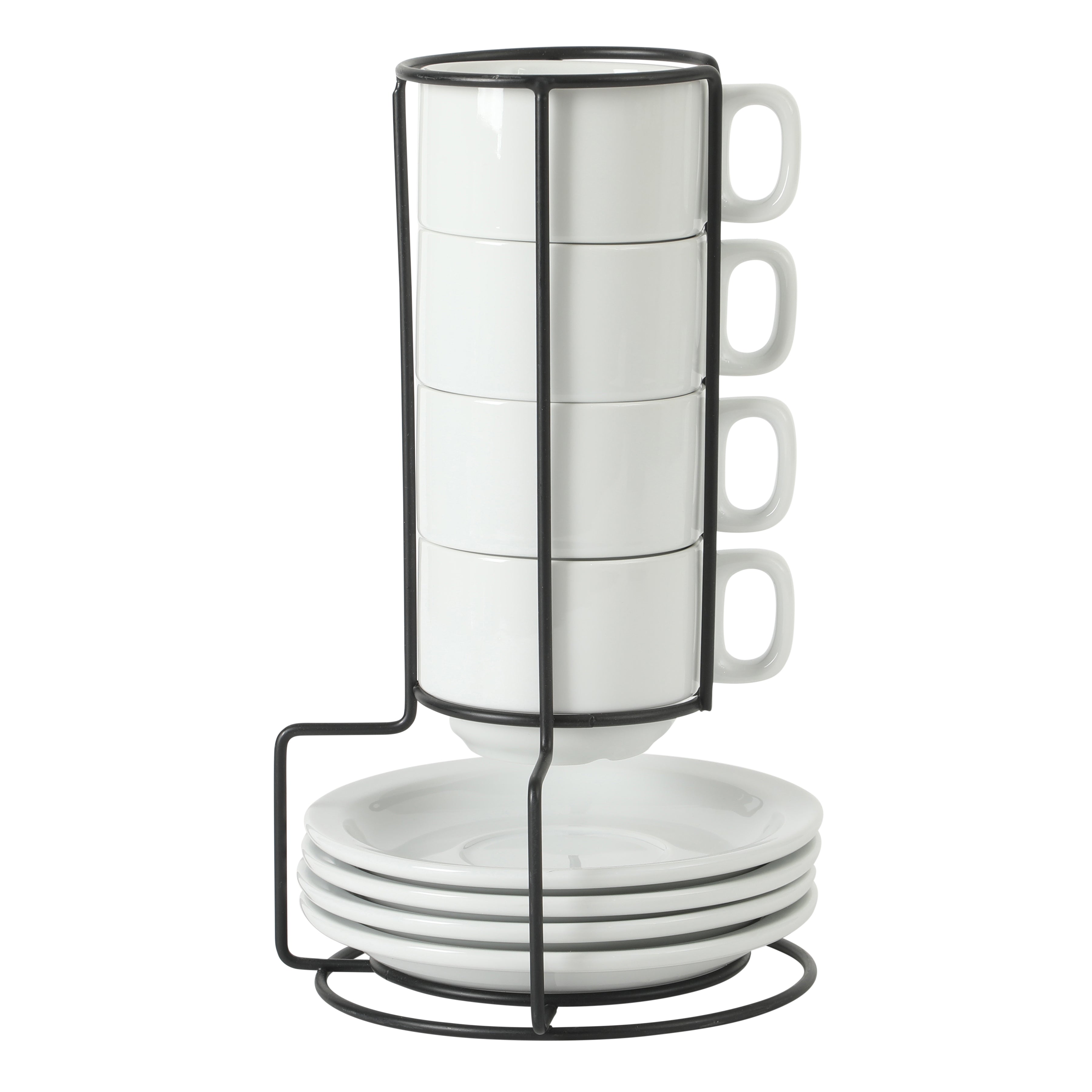 Gibson Home Gracious Dining 7-Ounce Cappuccino Cups Set of 4, Stackable Coffee Cups with 4 Saucers, Metal Stand, Coffee Mugs for Latte, Café, Mocha, Tea