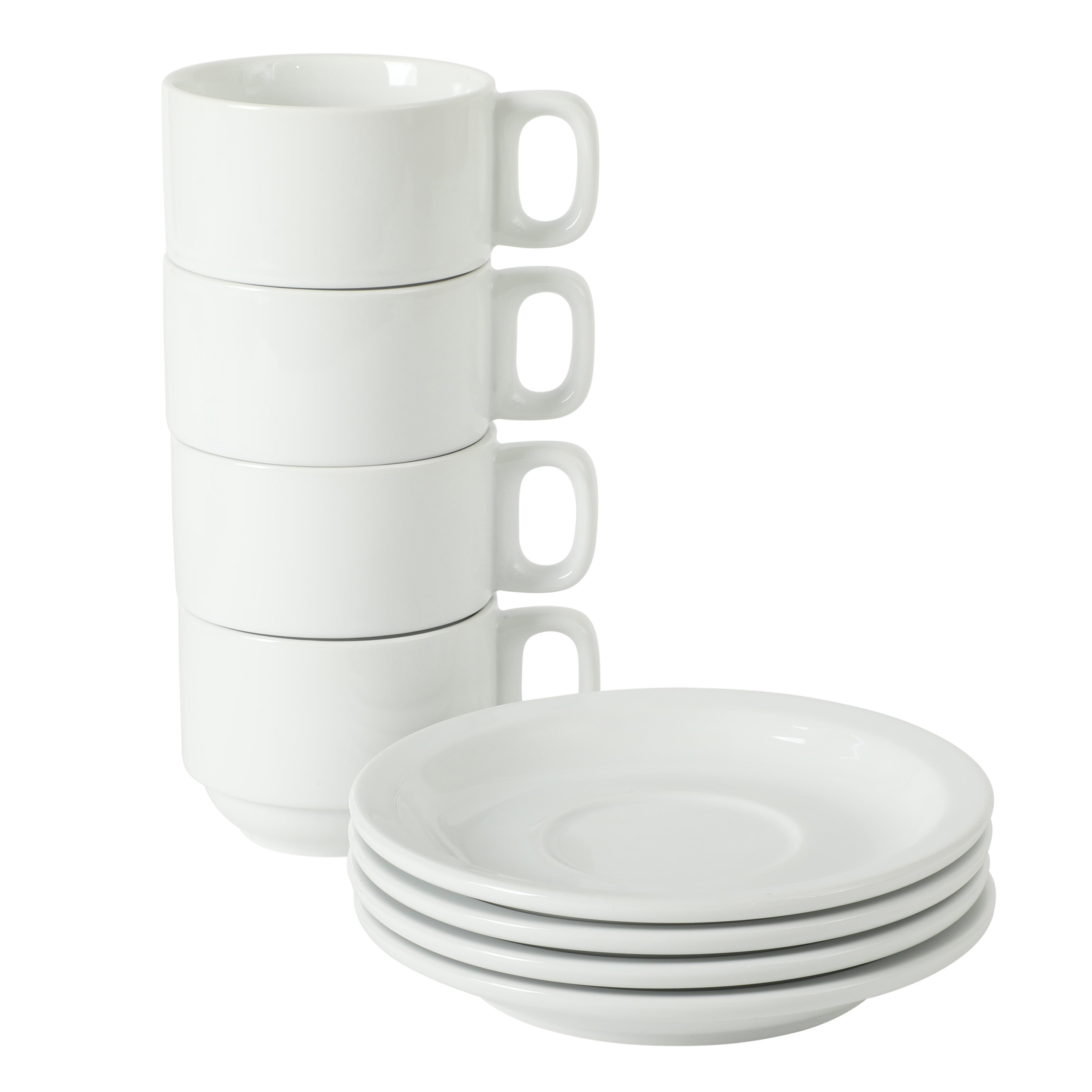Gibson Home Gracious Dining 7-Ounce Cappuccino Cups Set of 4, Stackable Coffee Cups with 4 Saucers, Metal Stand, Coffee Mugs for Latte, Café, Mocha, Tea