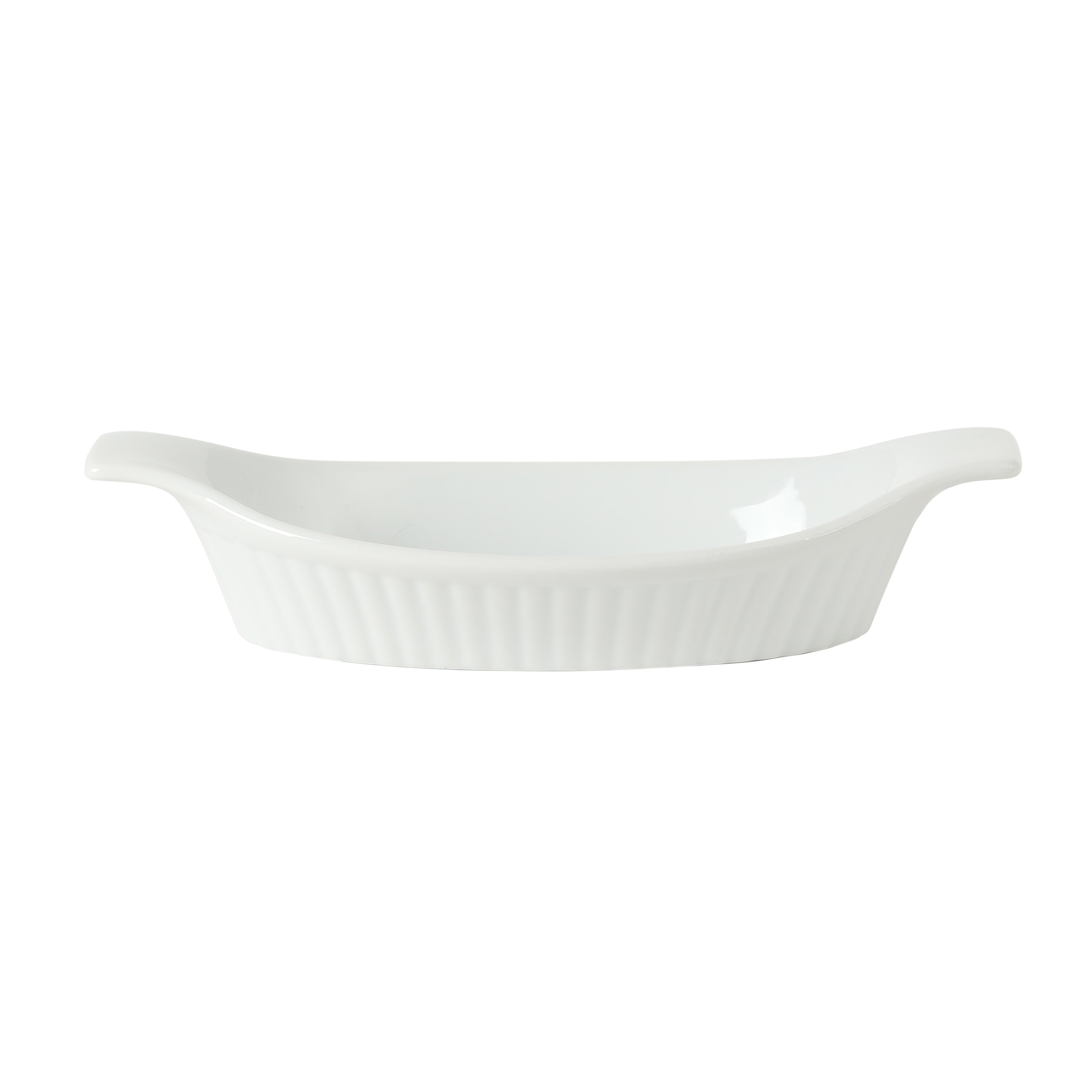 Gibson Home Gracious Dining Oval Au Gratin Baking Dishes, 4-Piece Set – 9 oz Oven Safe Banana Split Bowls, Ceramic Small Casserole Dishes with Handles, Microwave & Dishwasher Safe Mini Bakeware, White