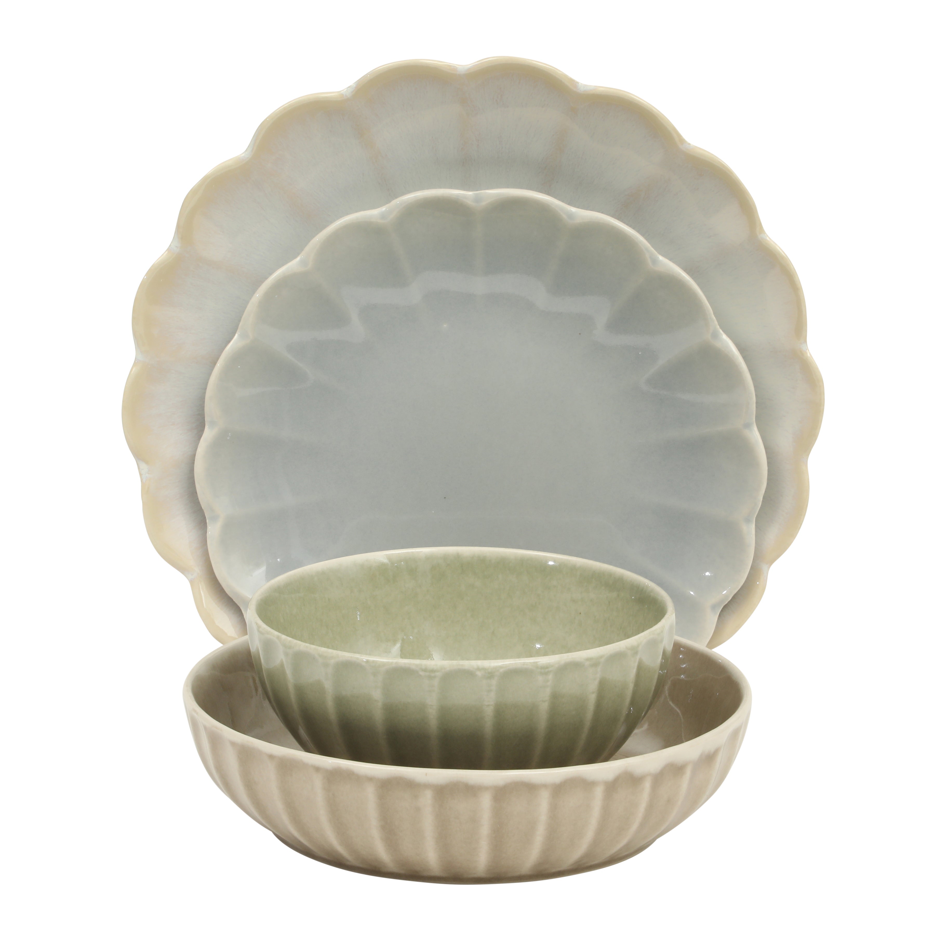 Gibson Elite Malibu Shore 16-Piece Scalloped Stoneware Reactive Glaze (Service for 4) Ceramic Plates and Bowls Dinnerware Set