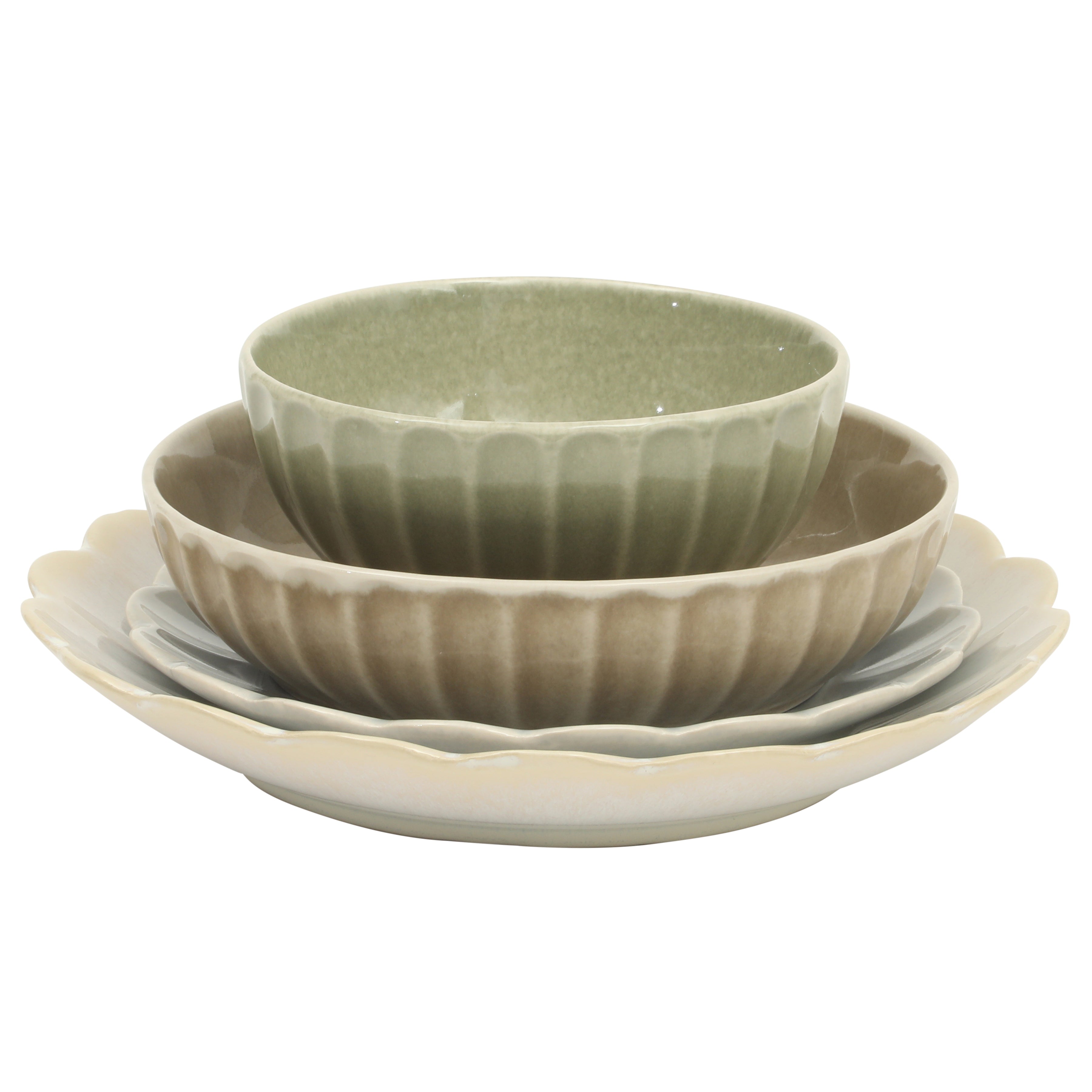 Gibson Elite Malibu Shore 16-Piece Scalloped Stoneware Reactive Glaze (Service for 4) Ceramic Plates and Bowls Dinnerware Set