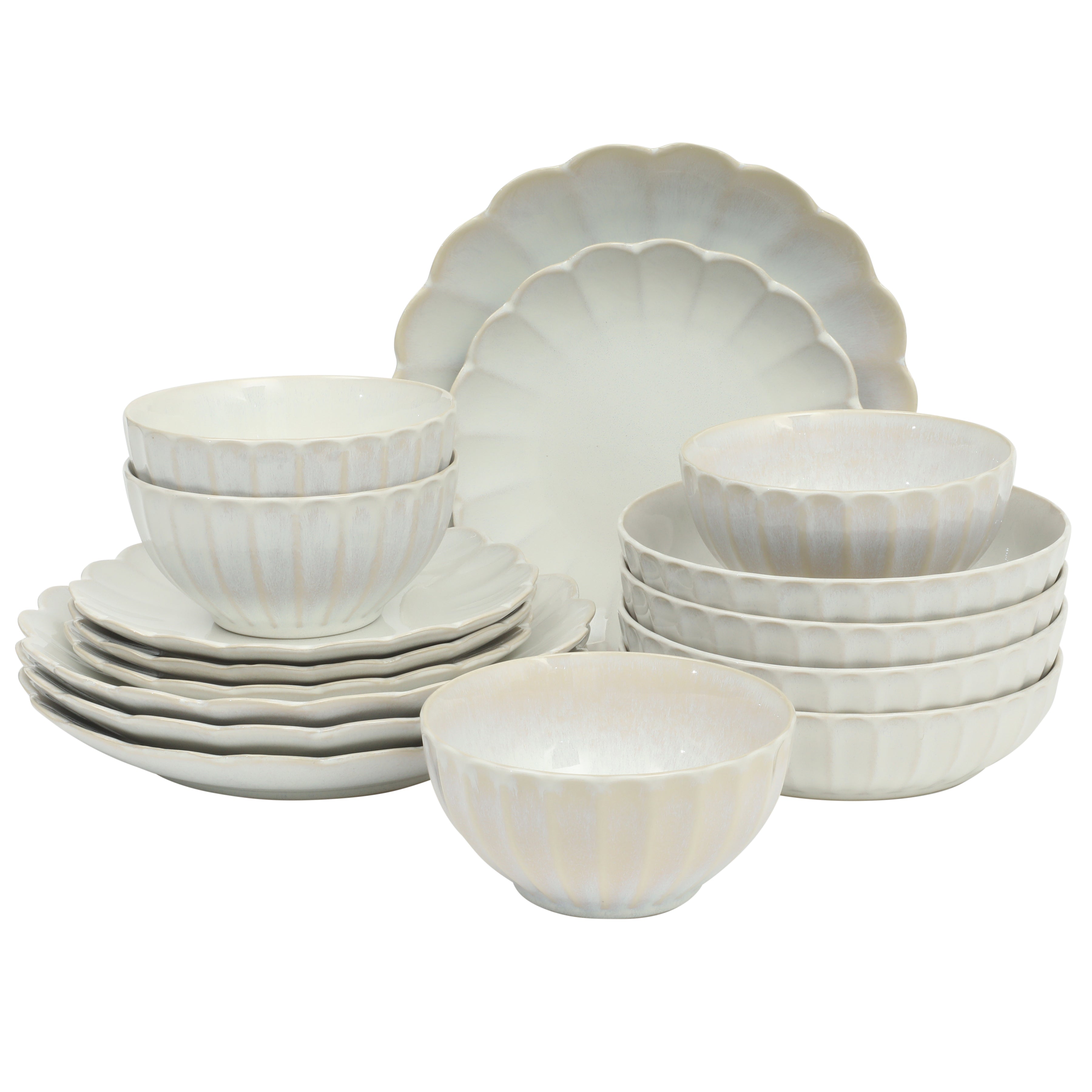 Gibson Elite Malibu Shore 16-Piece Scalloped Stoneware Reactive Glaze (Service for 4) Ceramic Plates and Bowls Dinnerware Set