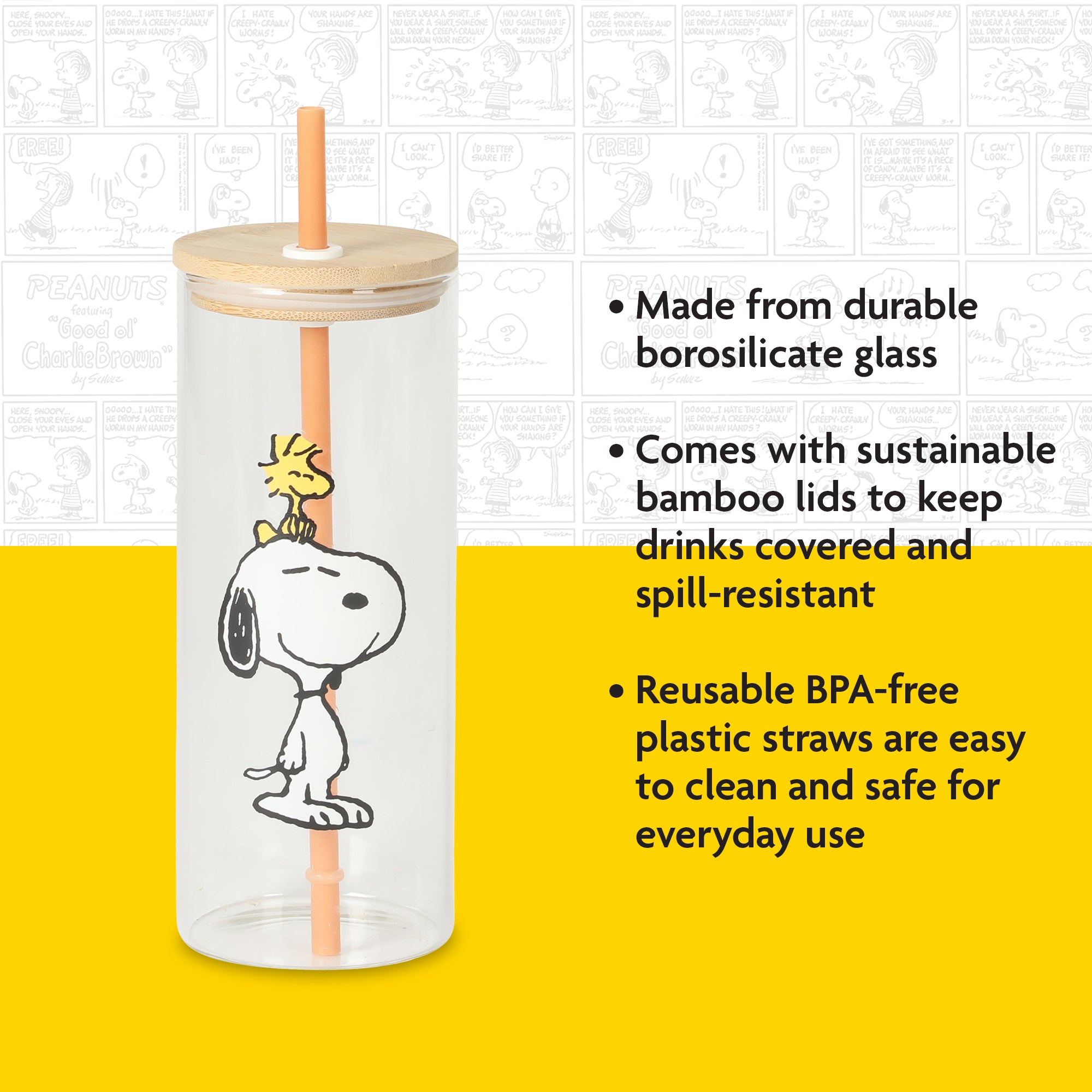 Peanuts Snoopy Happy Sips 4 Piece 23 OZ Tumbler Set with 4 Bamboo Lids and 4 Straws Set, Iced Coffe, Smoothie, Water Cup - Dishwasher Safe