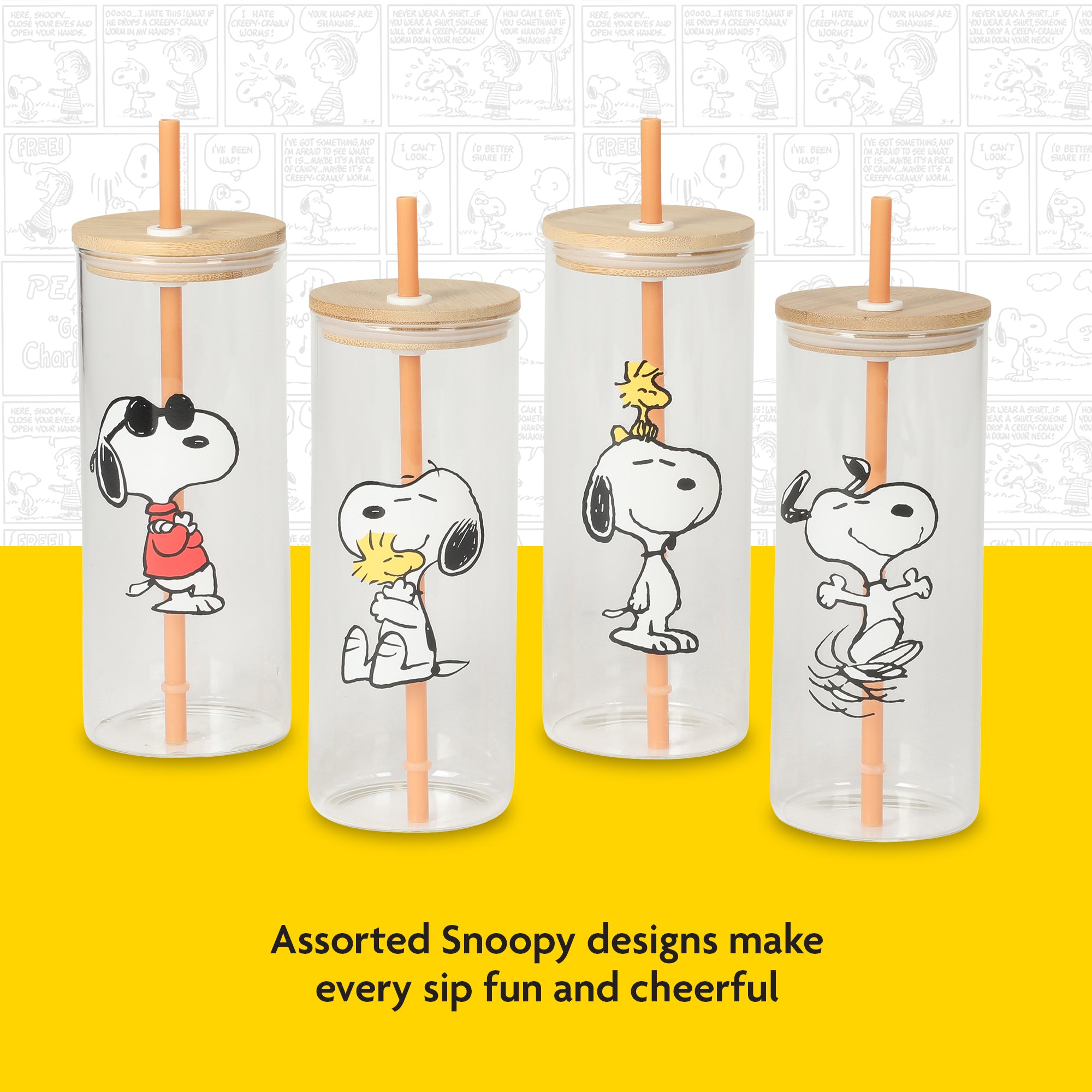 Peanuts Snoopy Happy Sips 4 Piece 23 OZ Tumbler Set with 4 Bamboo Lids