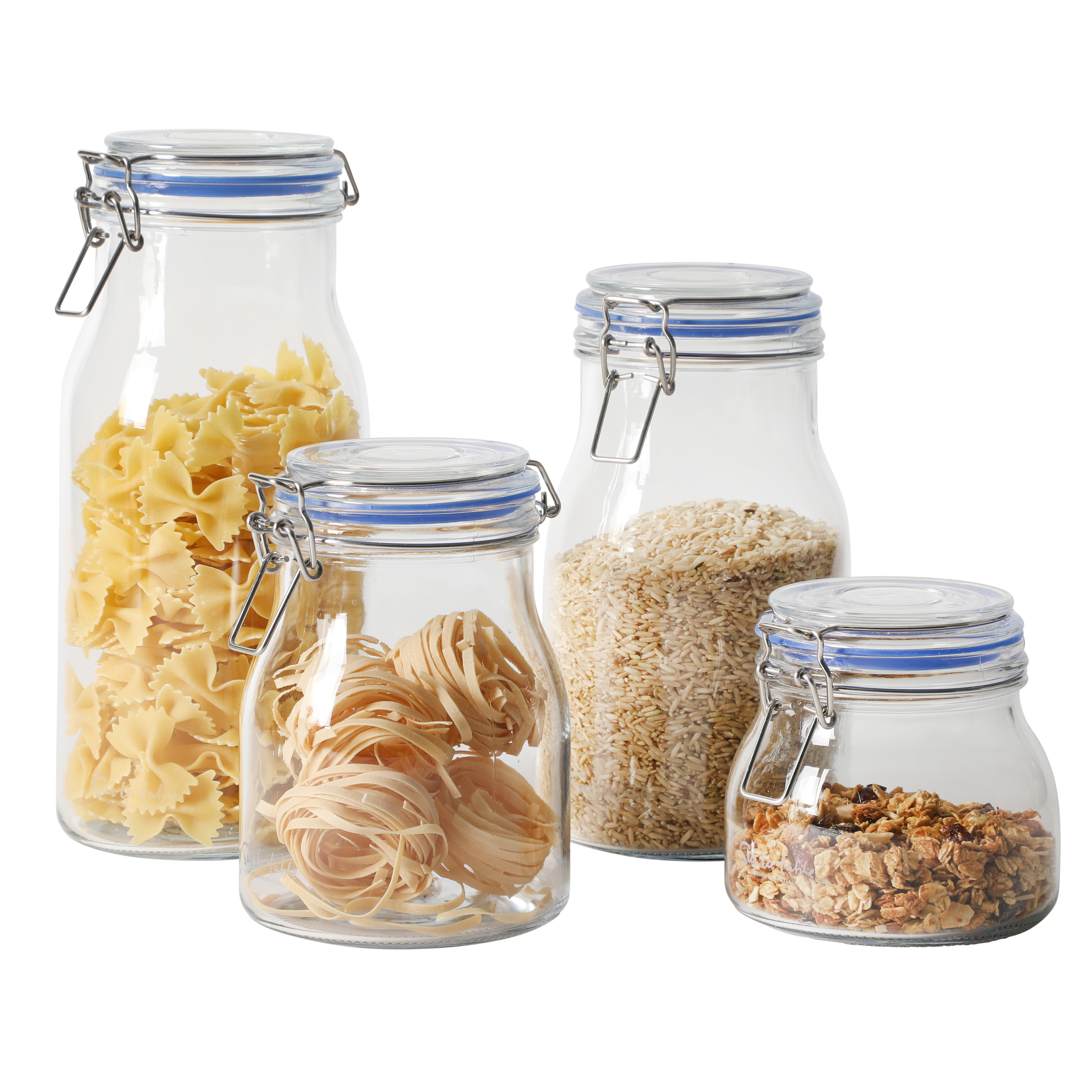 Sur La Table Lyon Court 4-Piece Glass Canister Set with Airtight Trigger Clamp Lids, Clear – 71 oz, 54 oz, 37 oz & 22.5 oz Sizes, Rubber Gasket Seal, Dishwasher Safe Food Storage Jars