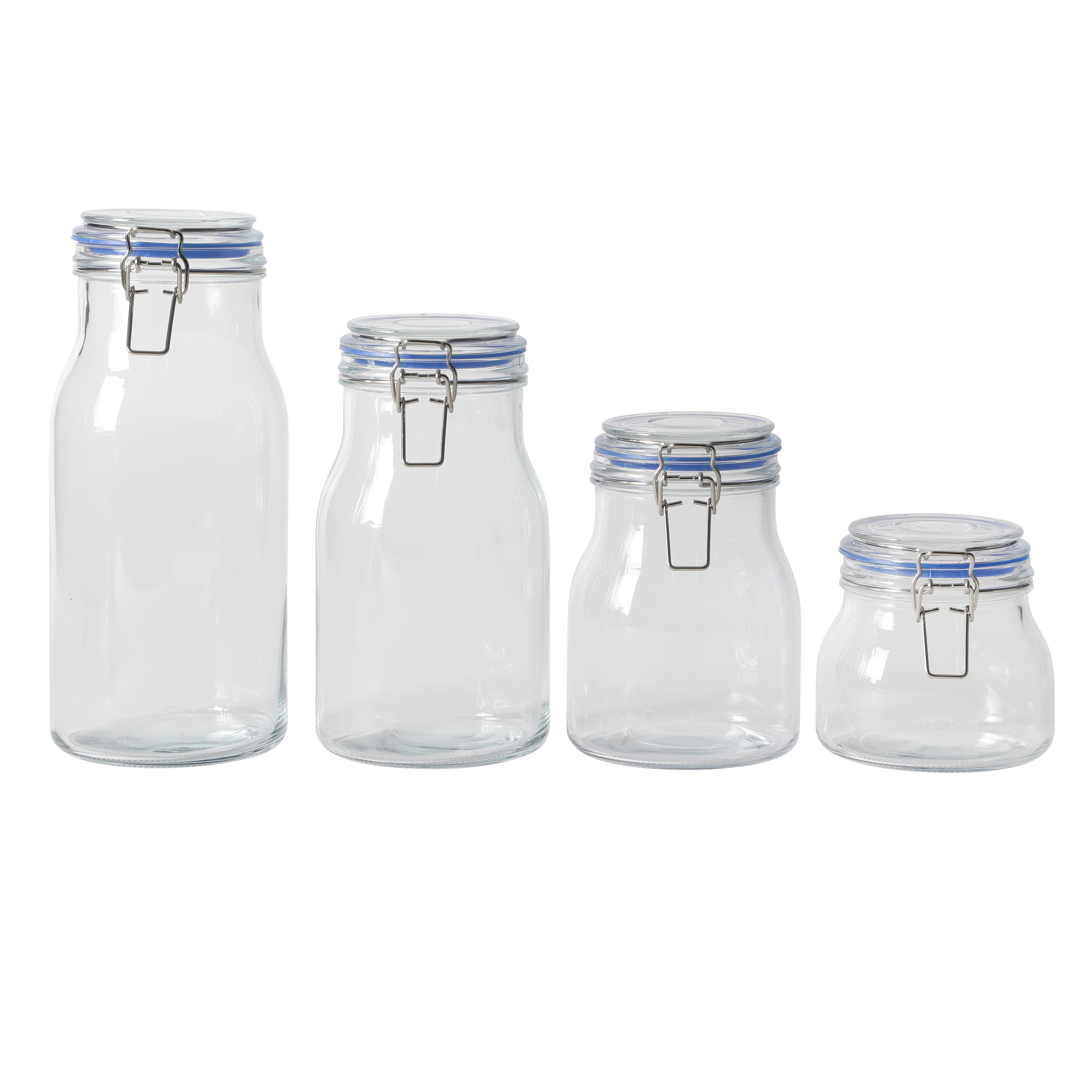 Sur La Table Lyon Court 4-Piece Glass Canister Set with Airtight Trigger Clamp Lids, Clear – 71 oz, 54 oz, 37 oz & 22.5 oz Sizes, Rubber Gasket Seal, Dishwasher Safe Food Storage Jars
