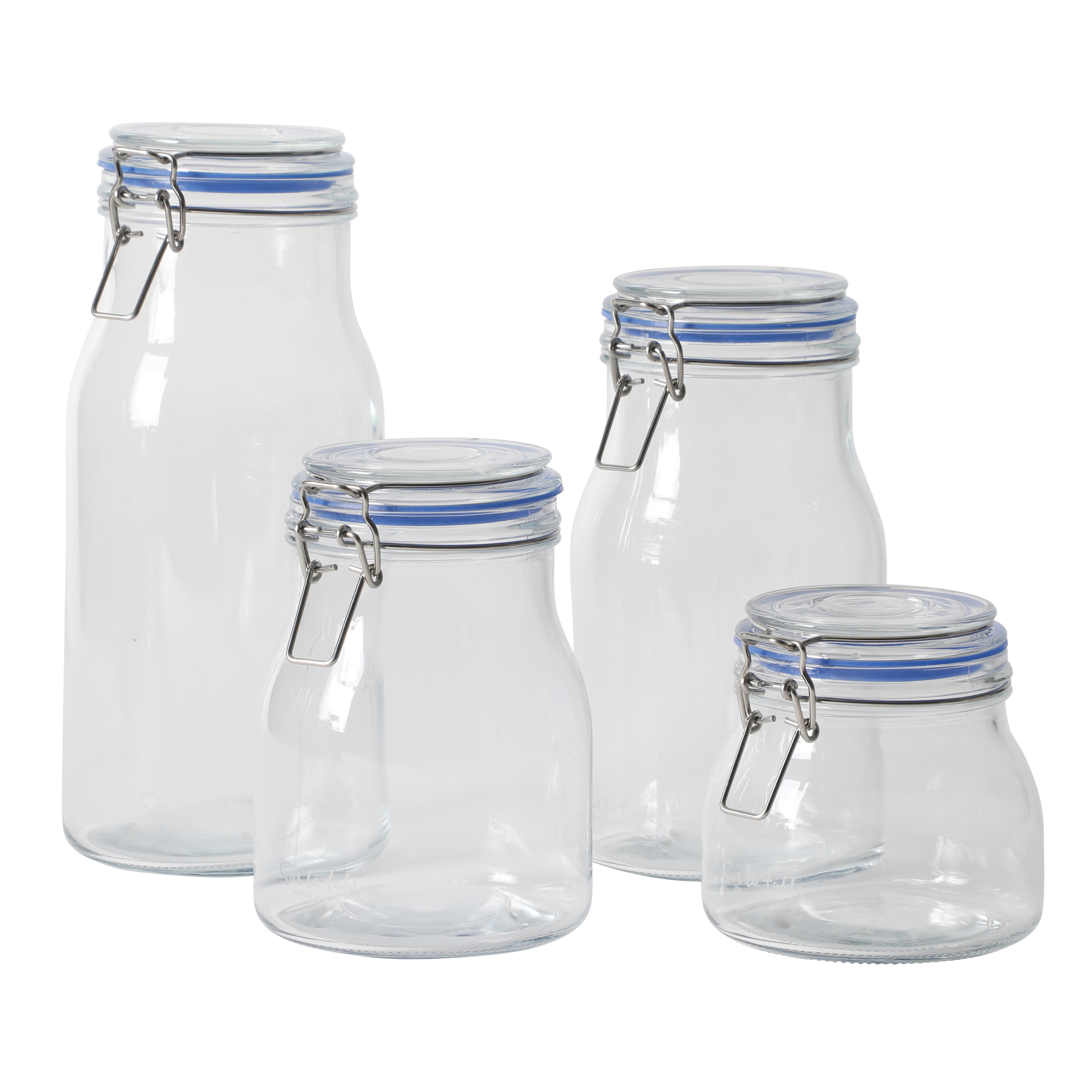 Sur La Table Lyon Court 4-Piece Glass Canister Set with Airtight Trigger Clamp Lids, Clear – 71 oz, 54 oz, 37 oz & 22.5 oz Sizes, Rubber Gasket Seal, Dishwasher Safe Food Storage Jars